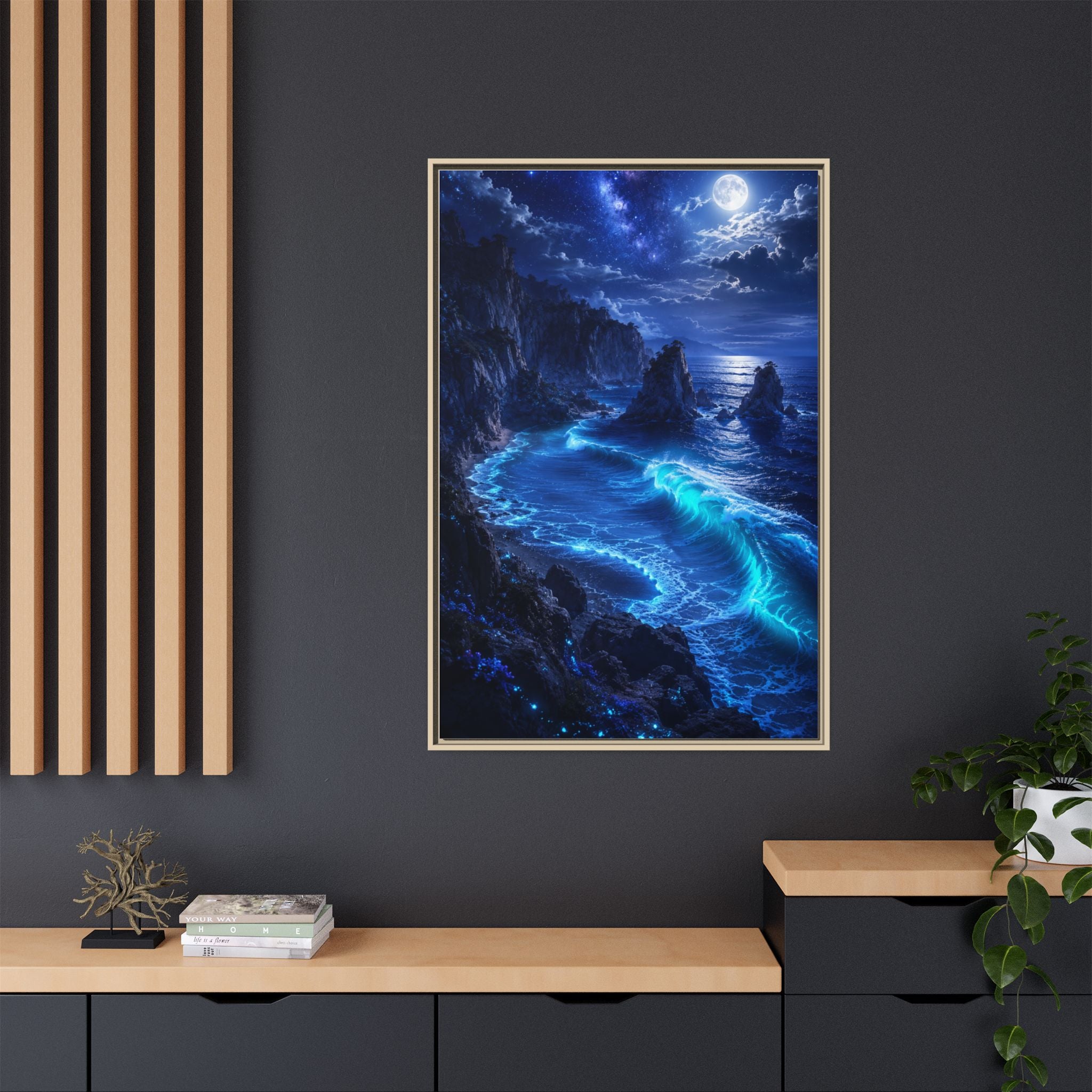 Framed Matte Canvas: Luminous Moonlit Ocean Art Print