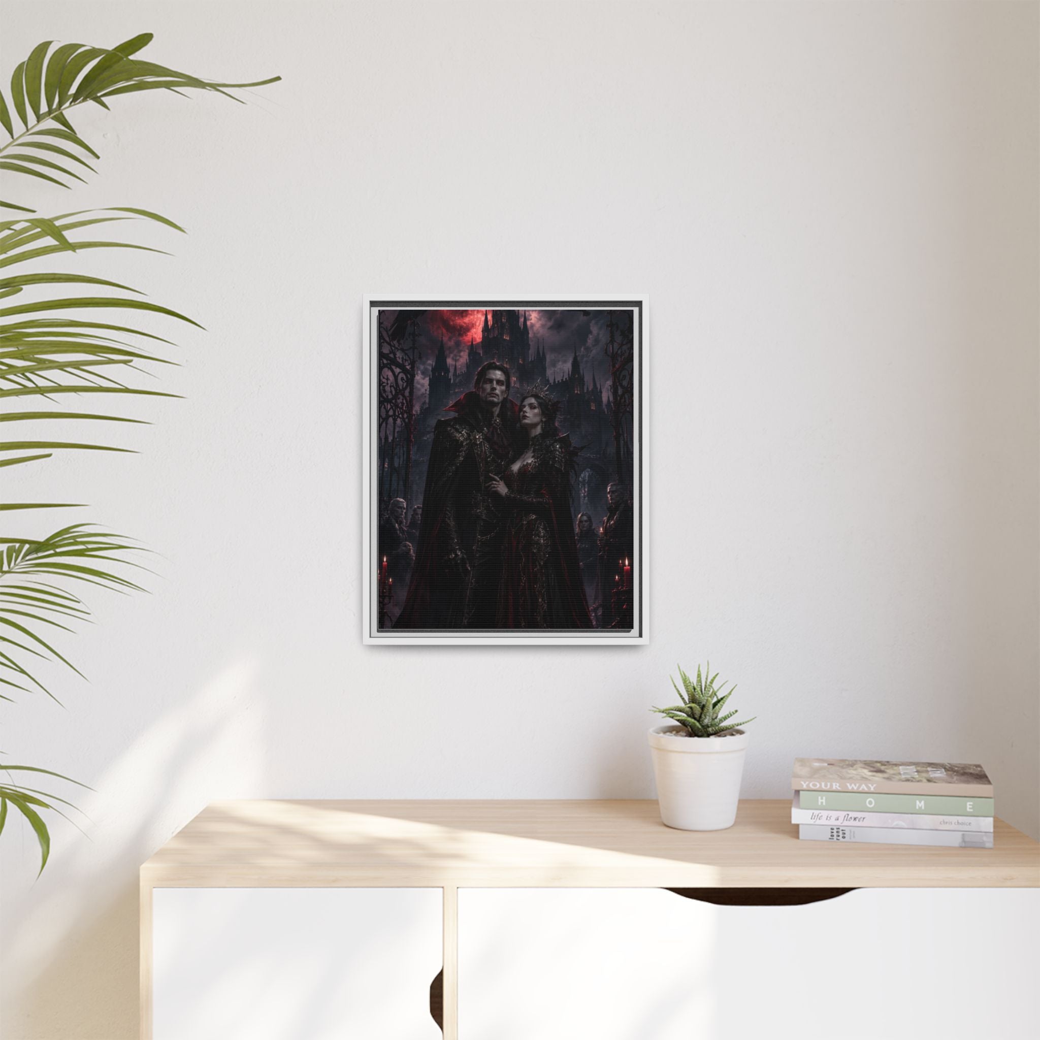 Vampire Couple Matte Framed Canvas Art – Gothic Red Moon Wall Decor