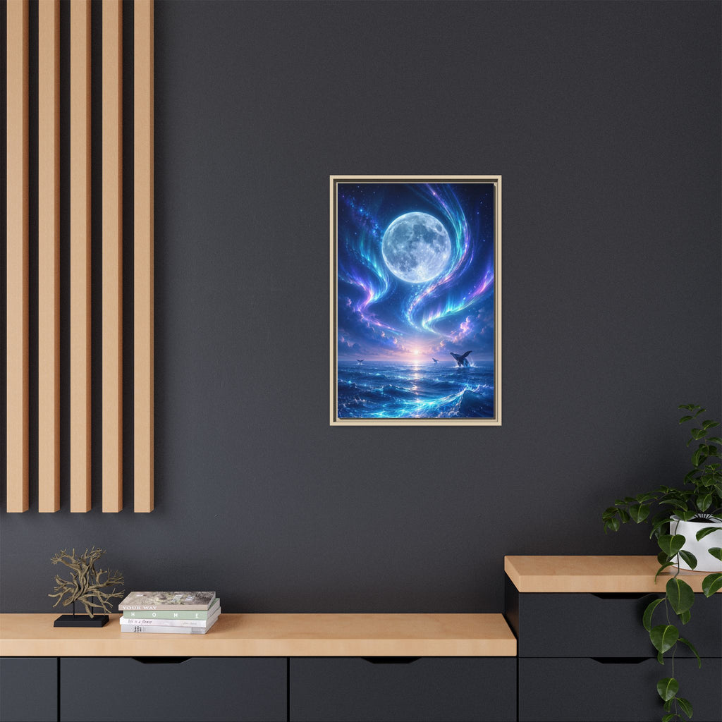 Framed Canvas Art - Lunar Aurora Ocean Scene