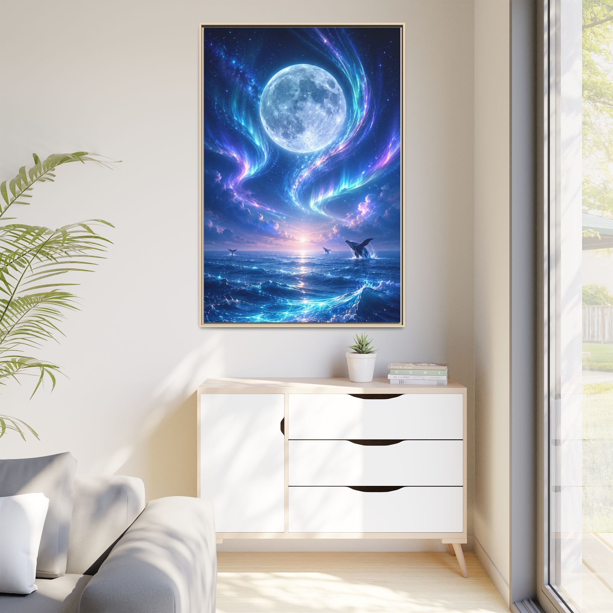 Framed Canvas Art - Lunar Aurora Ocean Scene