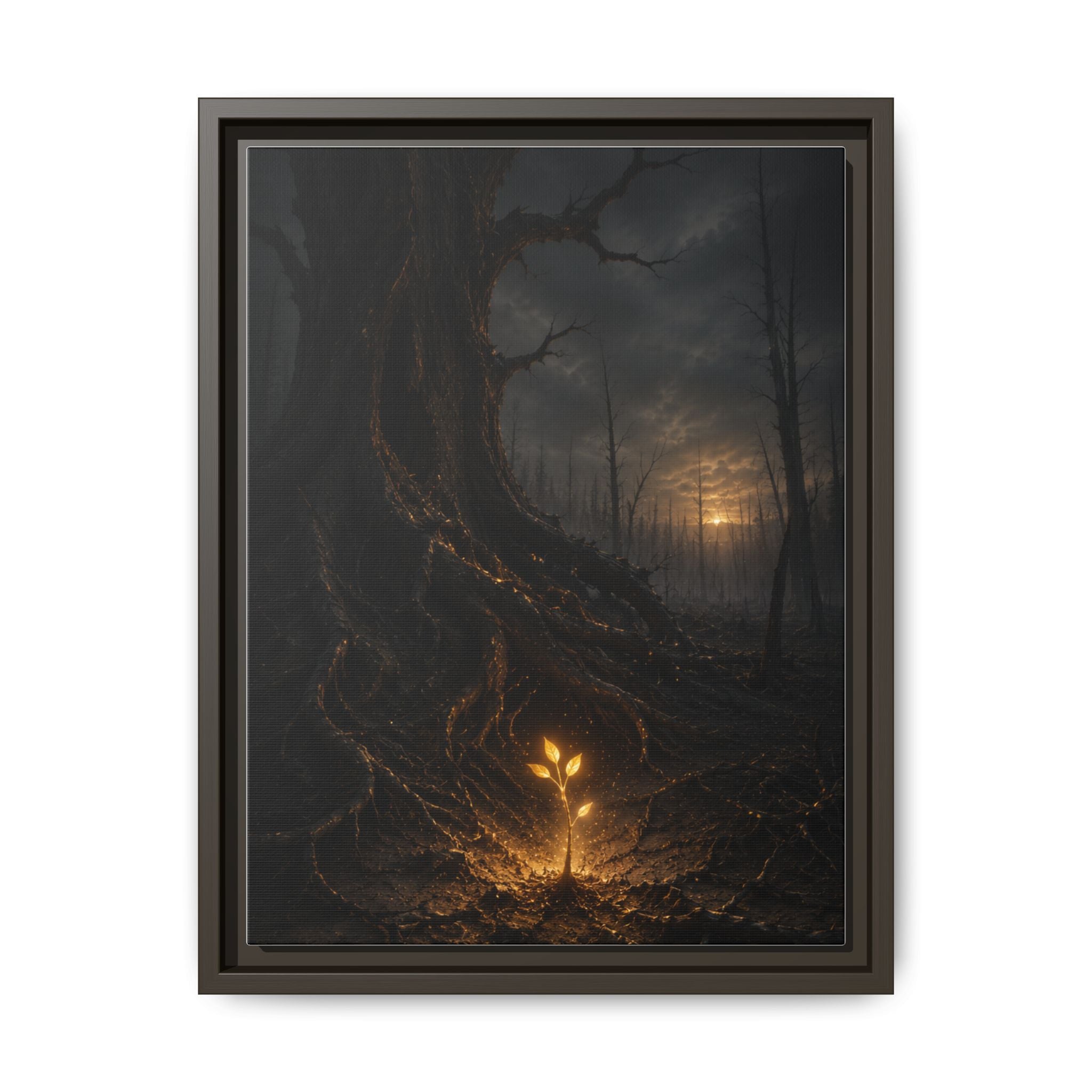 Framed Matte Canvas — Glow Sprout in Dark Forest (Ethereal Fantasy Wall Art)