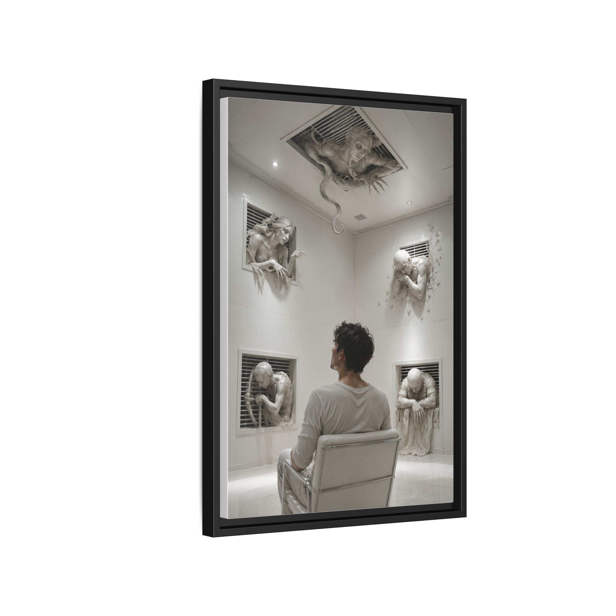 Surreal Wall Art Canvas — Man in Gallery with Sculpted Figures, Framed Matte Print