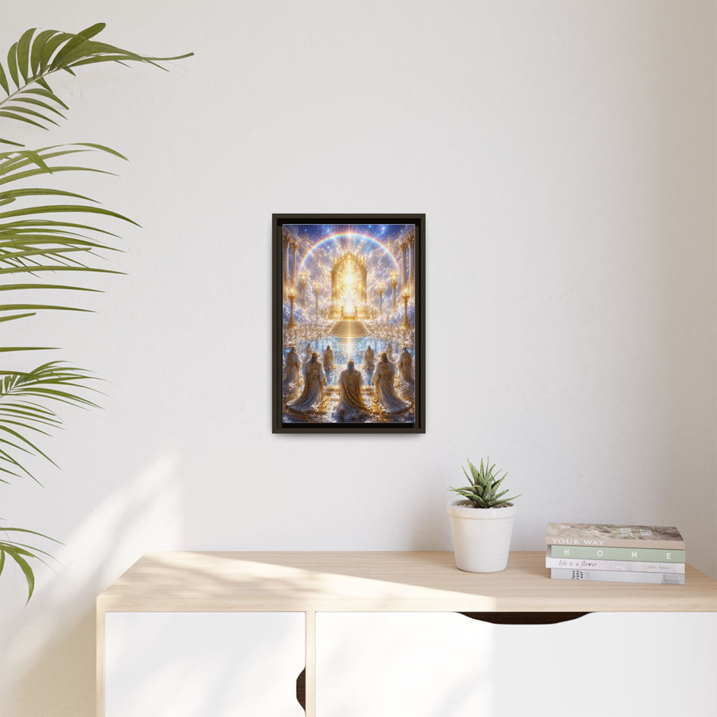 Heavenly Throne Room Matte Framed Canvas — Golden Angelic Realm Wall Art