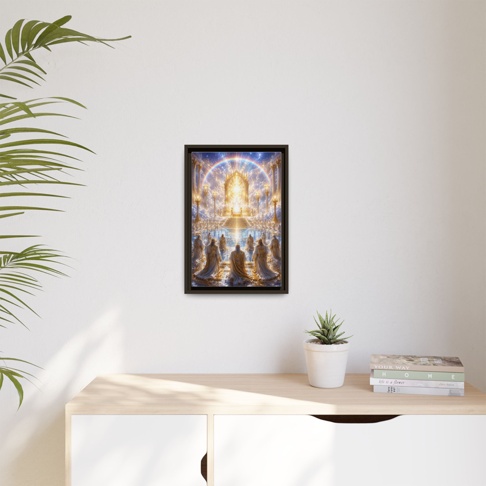 Heavenly Throne Room Matte Framed Canvas — Golden Angelic Realm Wall Art