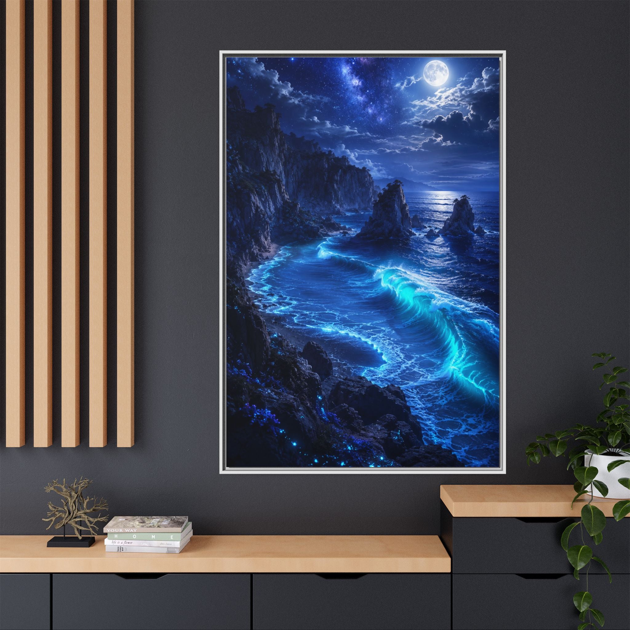 Framed Matte Canvas: Luminous Moonlit Ocean Art Print