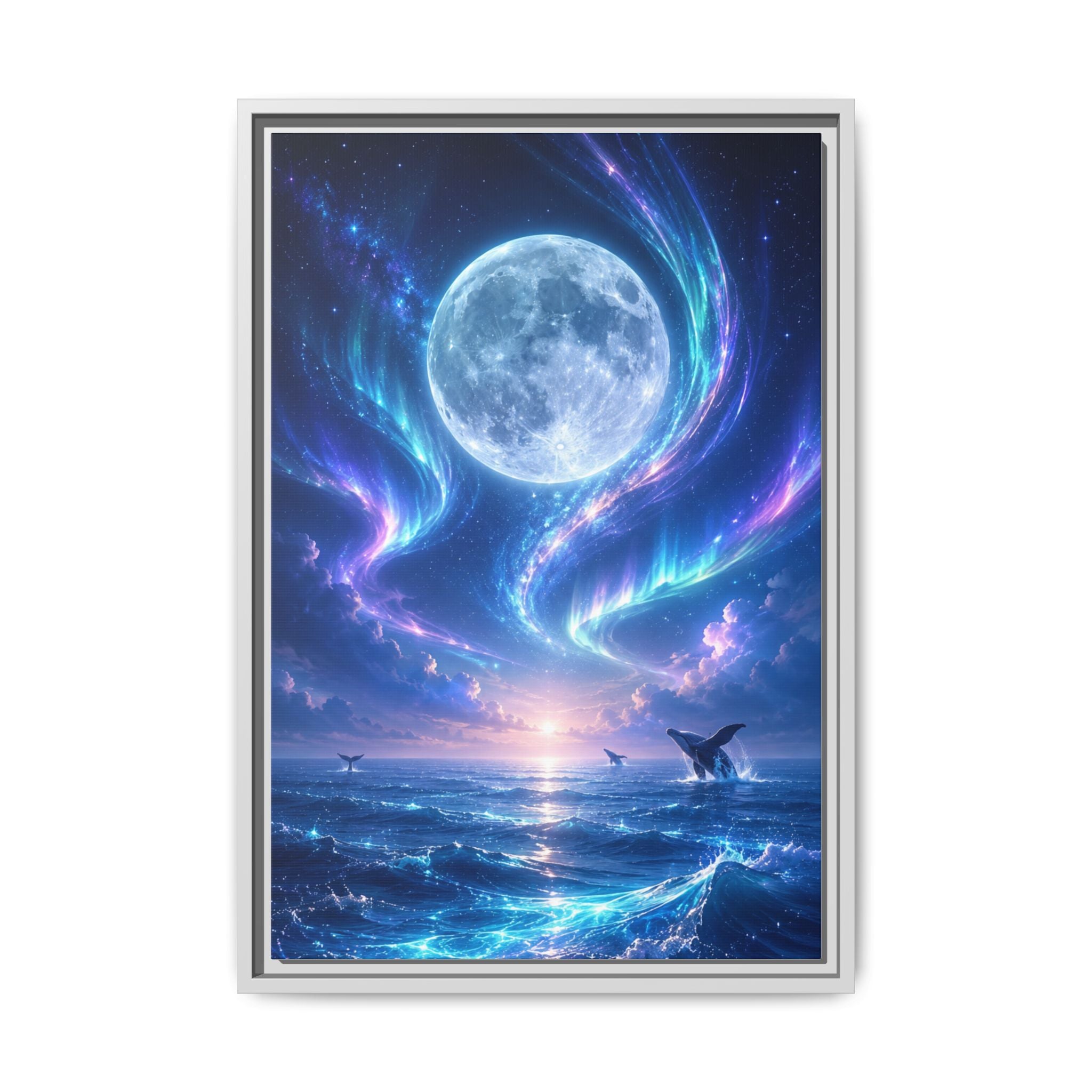 Framed Canvas Art - Lunar Aurora Ocean Scene