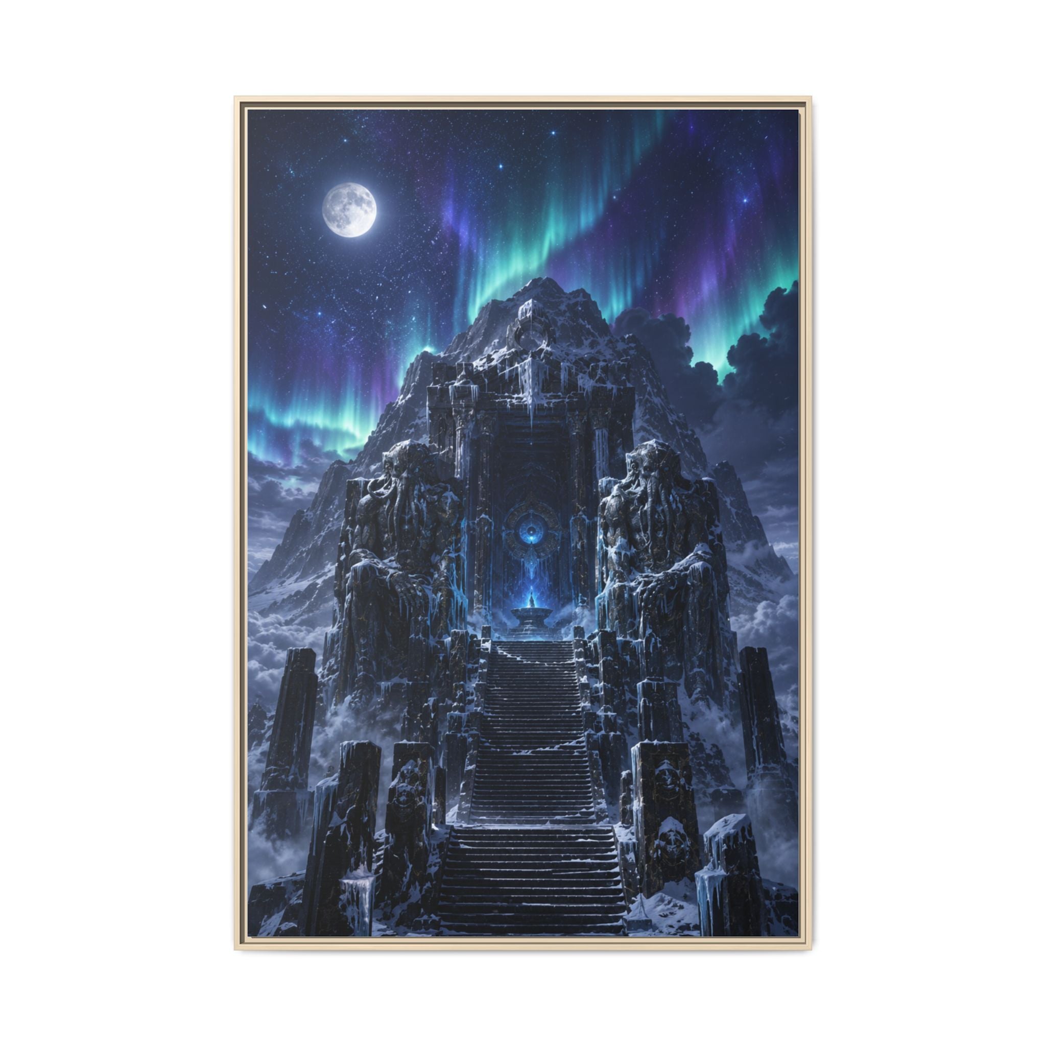 Aurora Mountain Fortress Matte Canvas Print (Framed) — Fantasy Nightscape Wall Art