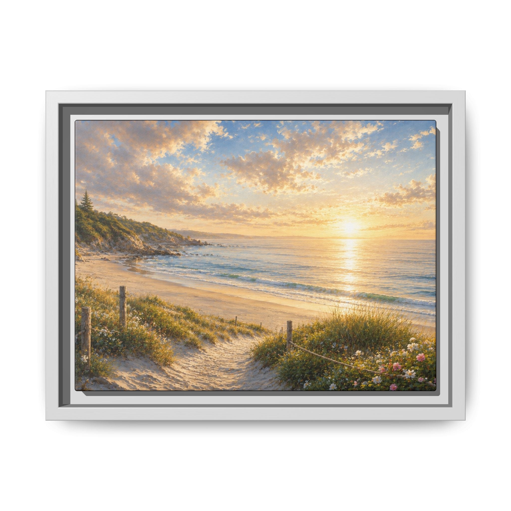 Framed Framed Canvas: Golden Beach Sunrise Seascape Wall Art