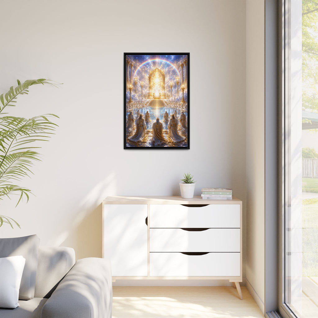 Heavenly Throne Room Matte Framed Canvas — Golden Angelic Realm Wall Art