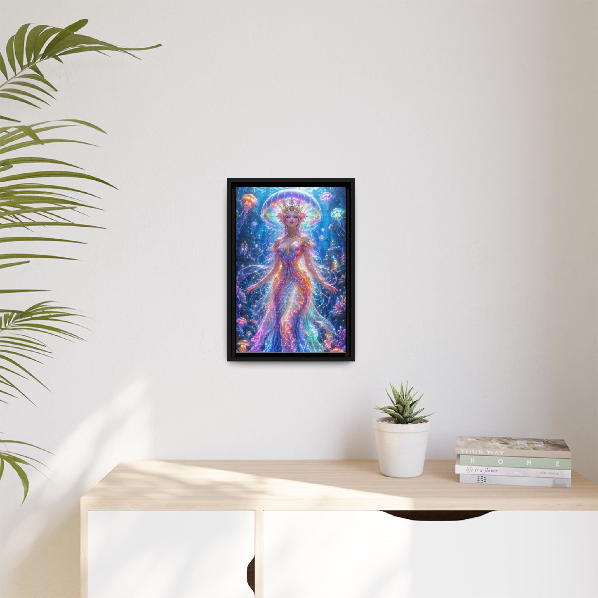 Jellyfish Queen Framed Canvas Art — Vibrant Mermaid Goddess Wall Print