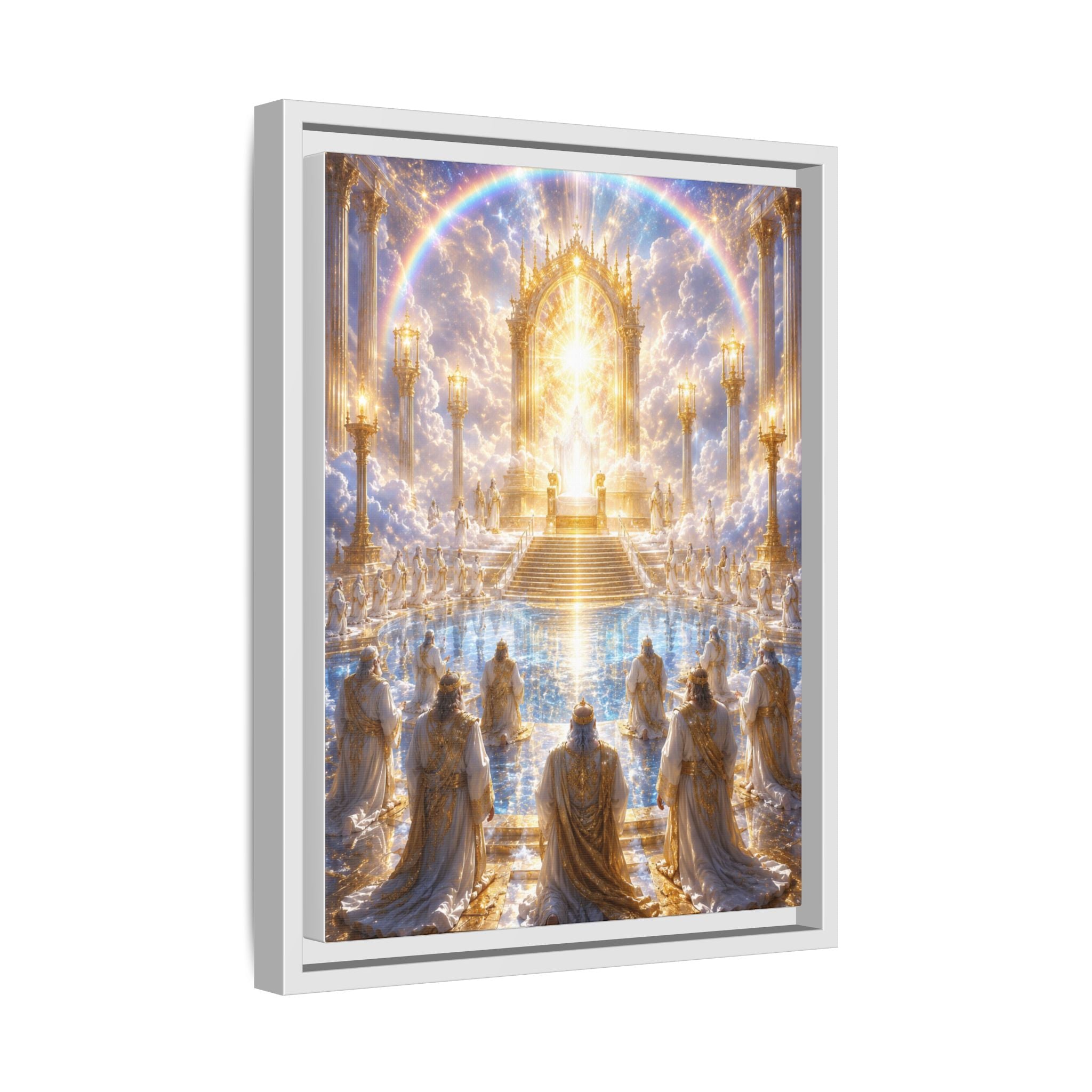 Heavenly Throne Room Matte Framed Canvas — Golden Angelic Realm Wall Art