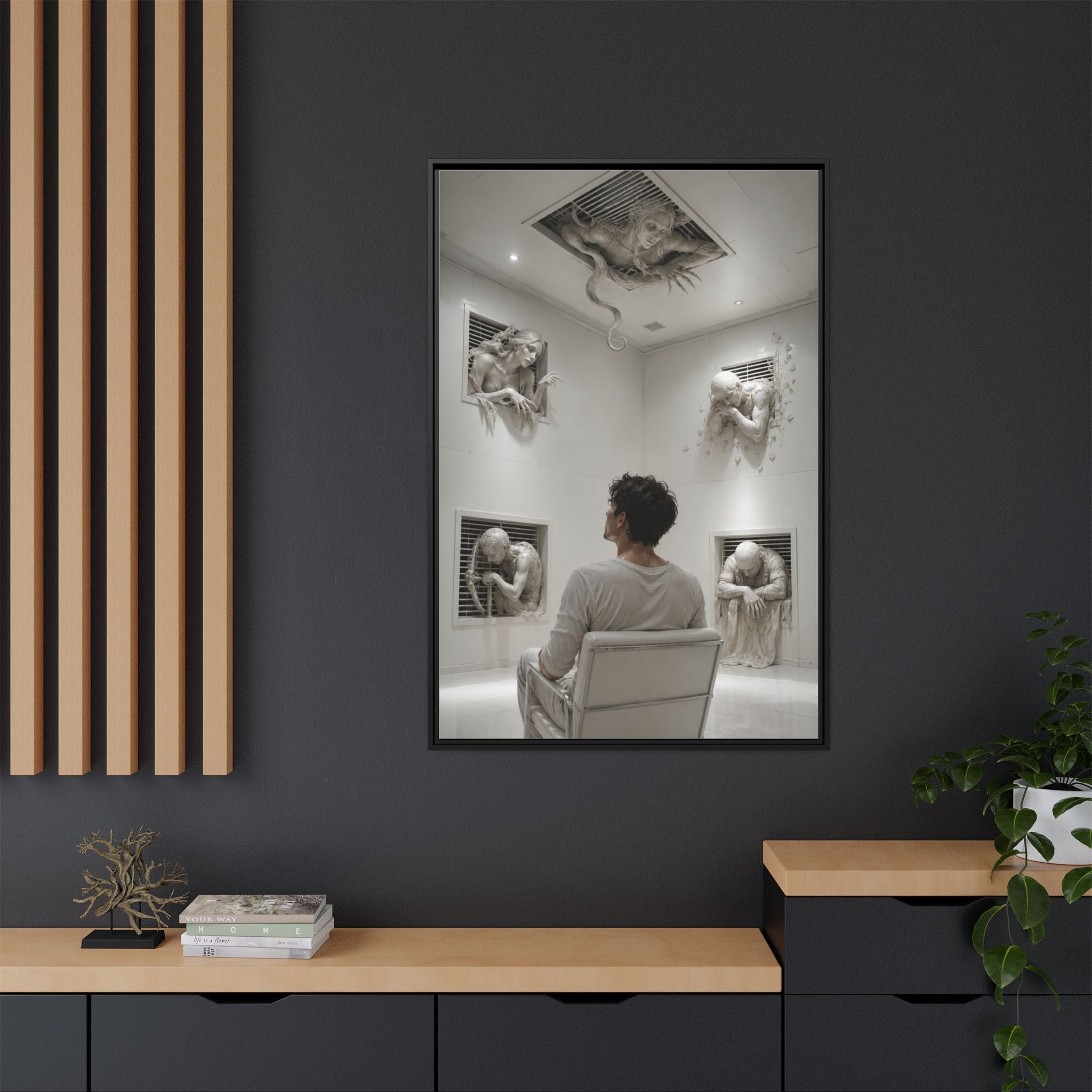 Surreal Wall Art Canvas — Man in Gallery with Sculpted Figures, Framed Matte Print