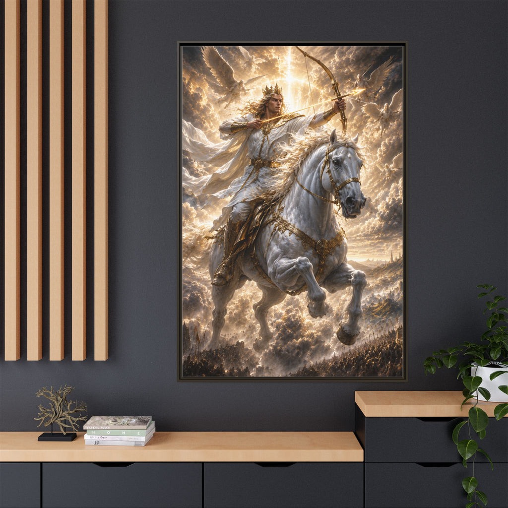 Mythic Warrior on White Steed — Framed Matte Canvas Wall Art