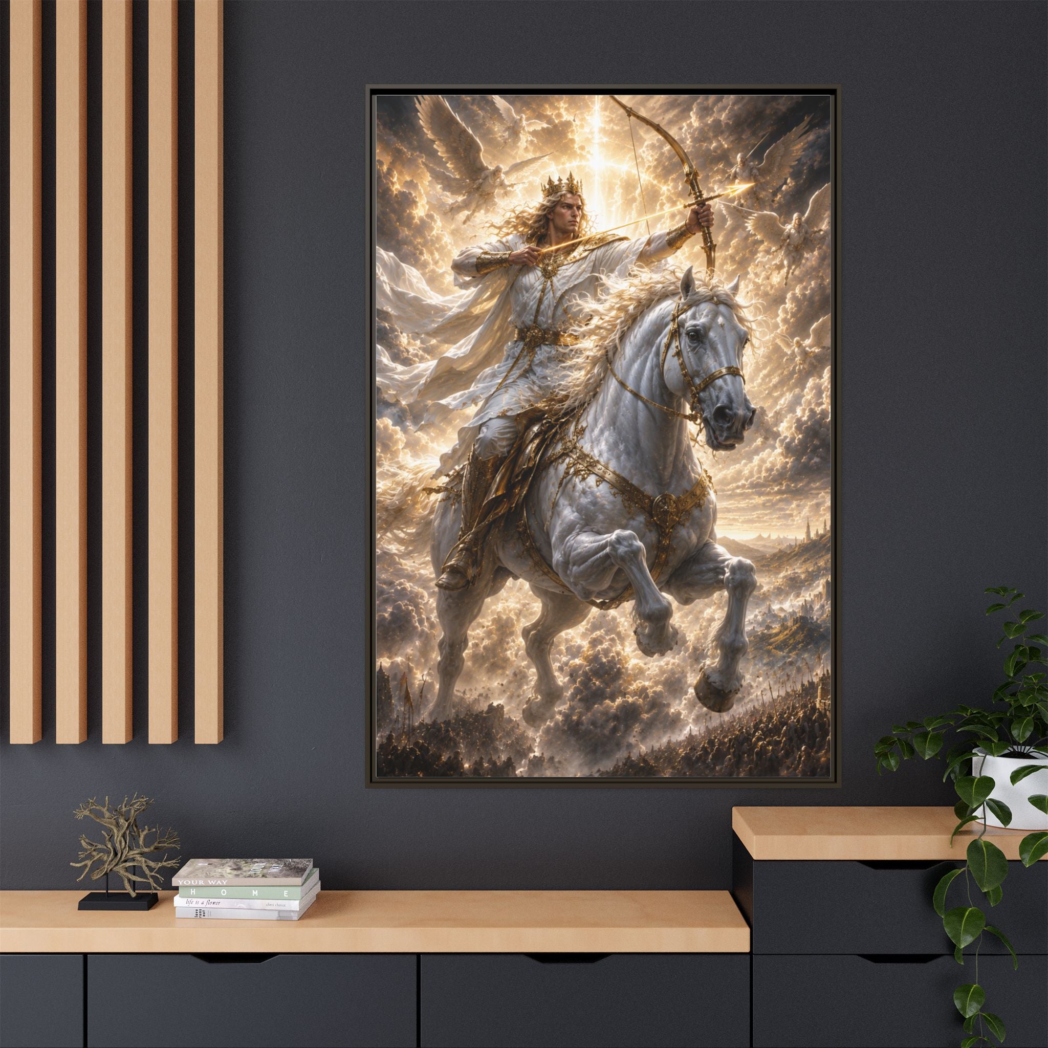 Mythic Warrior on White Steed — Framed Matte Canvas Wall Art