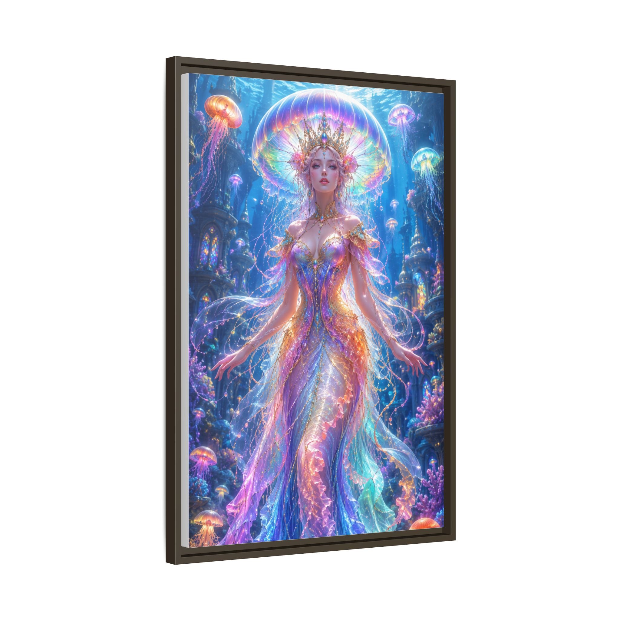 Jellyfish Queen Framed Canvas Art — Vibrant Mermaid Goddess Wall Print