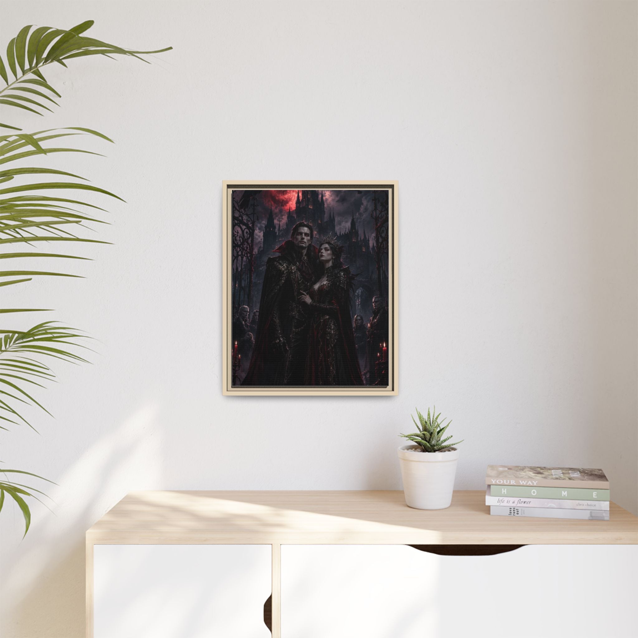 Vampire Couple Matte Framed Canvas Art – Gothic Red Moon Wall Decor
