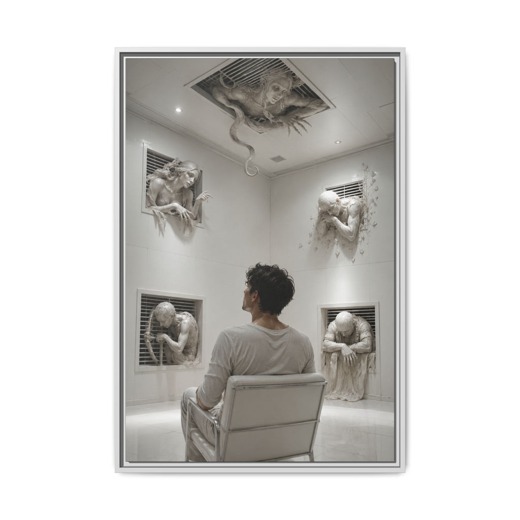 Surreal Wall Art Print — Man in Gallery with Sculpted Figures, Fine Art Paper Print
