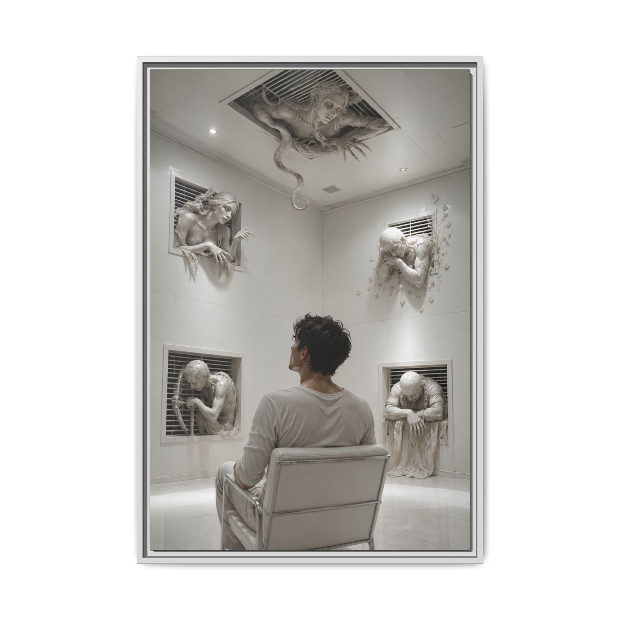 Surreal Wall Art Print — Man in Gallery with Sculpted Figures, Fine Art Paper Print