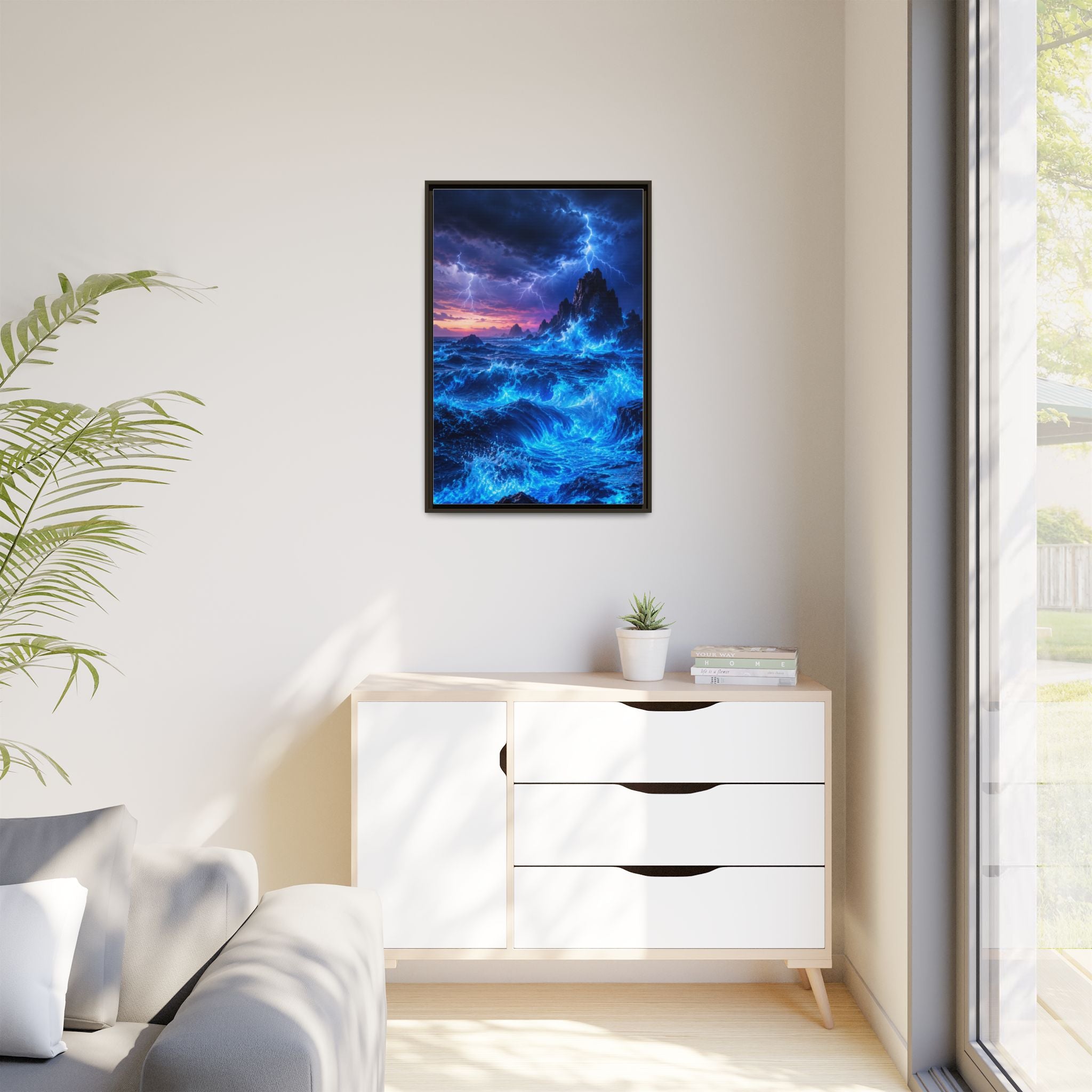Framed Matte Canvas Art — Electric Stormy Ocean Landscape
