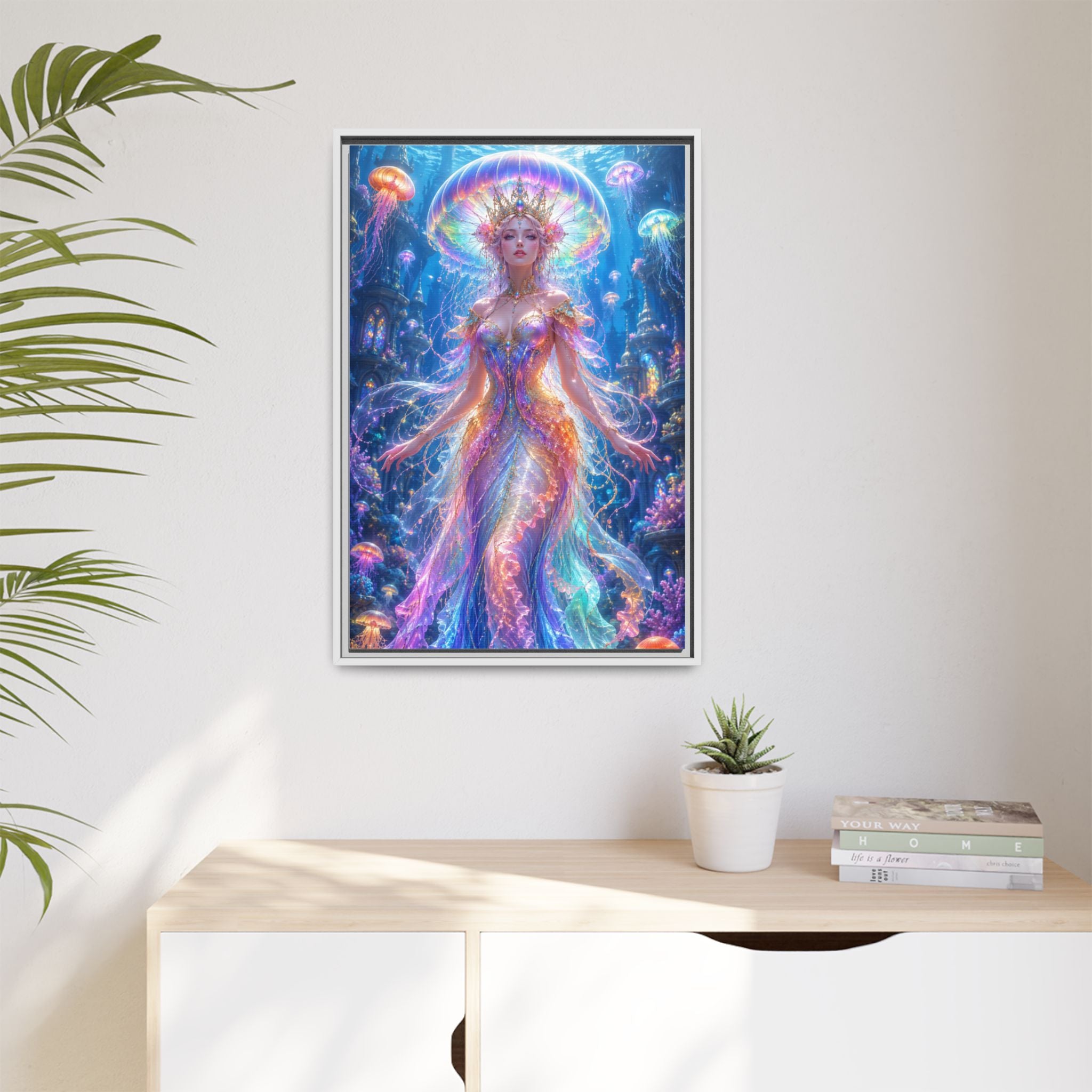 Jellyfish Queen Framed Canvas Art — Vibrant Mermaid Goddess Wall Print