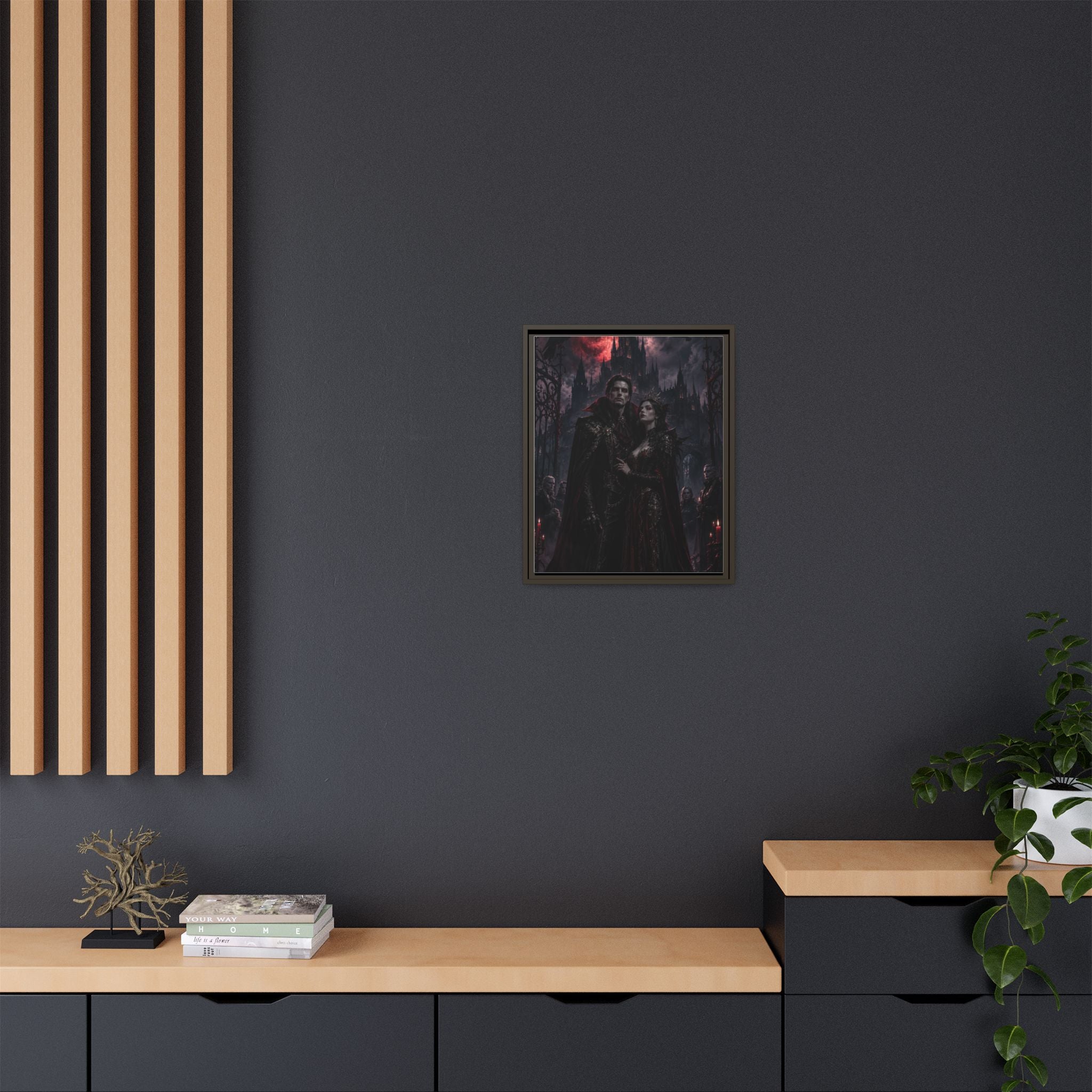 Vampire Couple Matte Framed Canvas Art – Gothic Red Moon Wall Decor