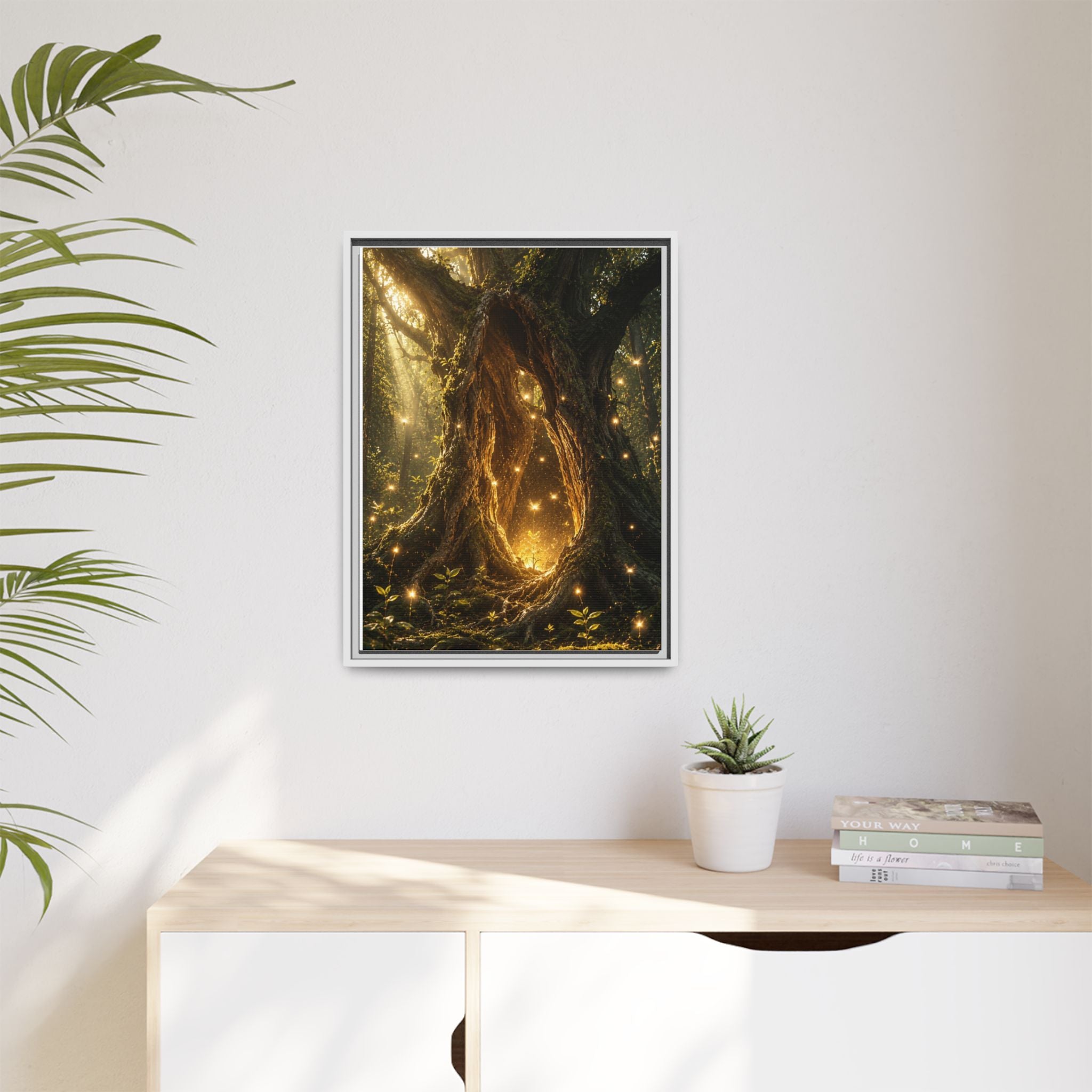 Framed Canvas Art - Enchanted Forest Tree with Glowing Fireflies