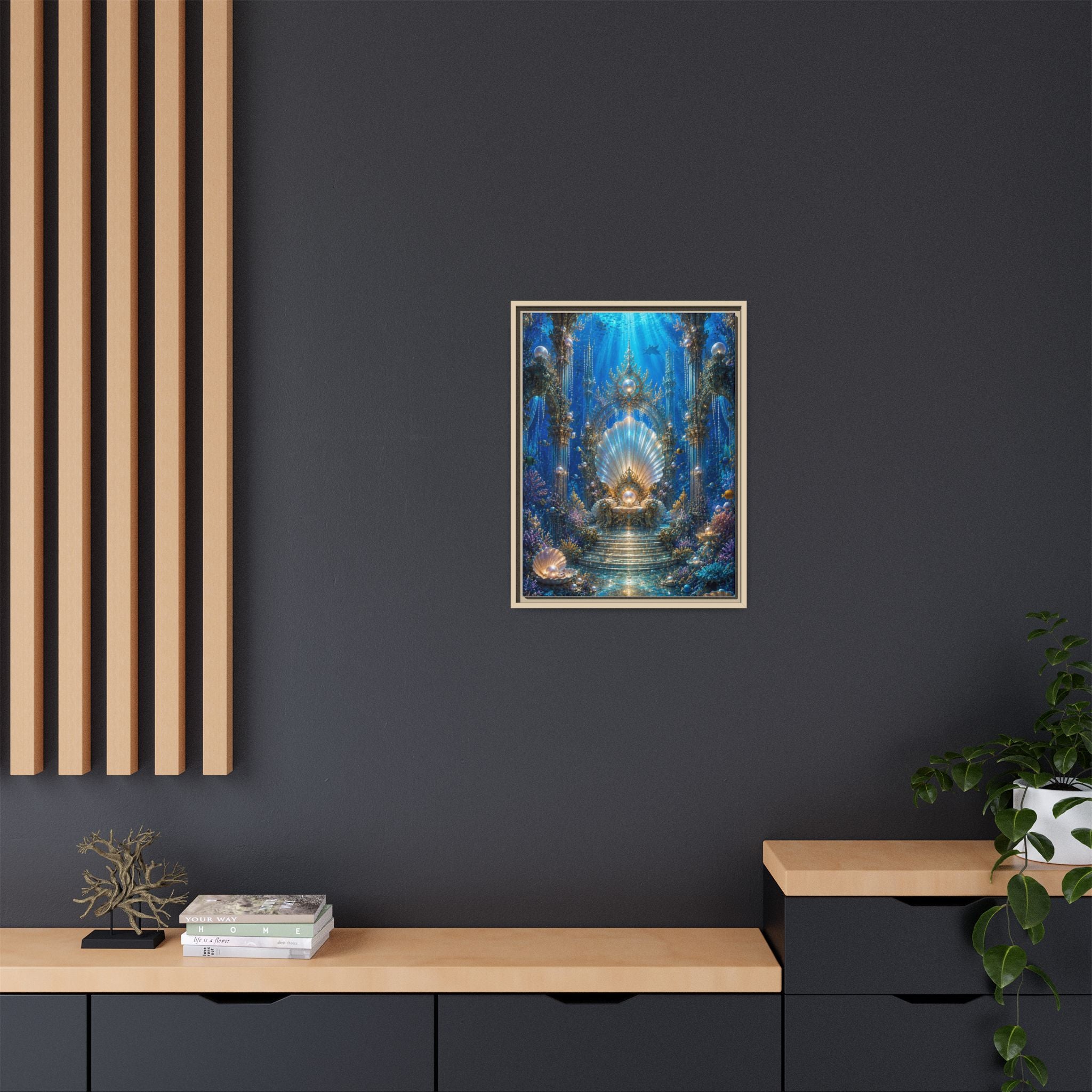 Underwater Palace Framed Canvas Art — Mermaid Throne Ocean Fantasy Print