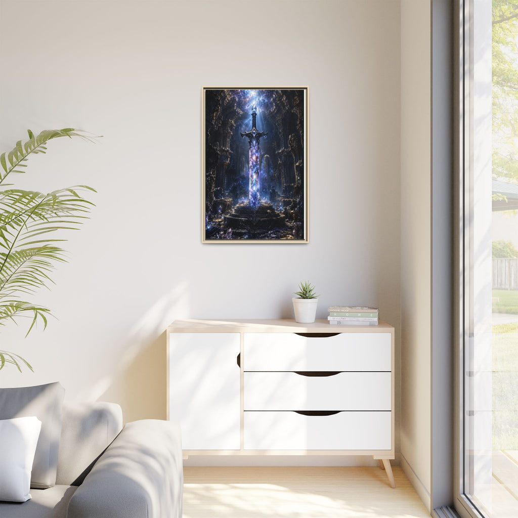 Framed Fantasy Sword Canvas — Mystical Glowing Blade Wall Art