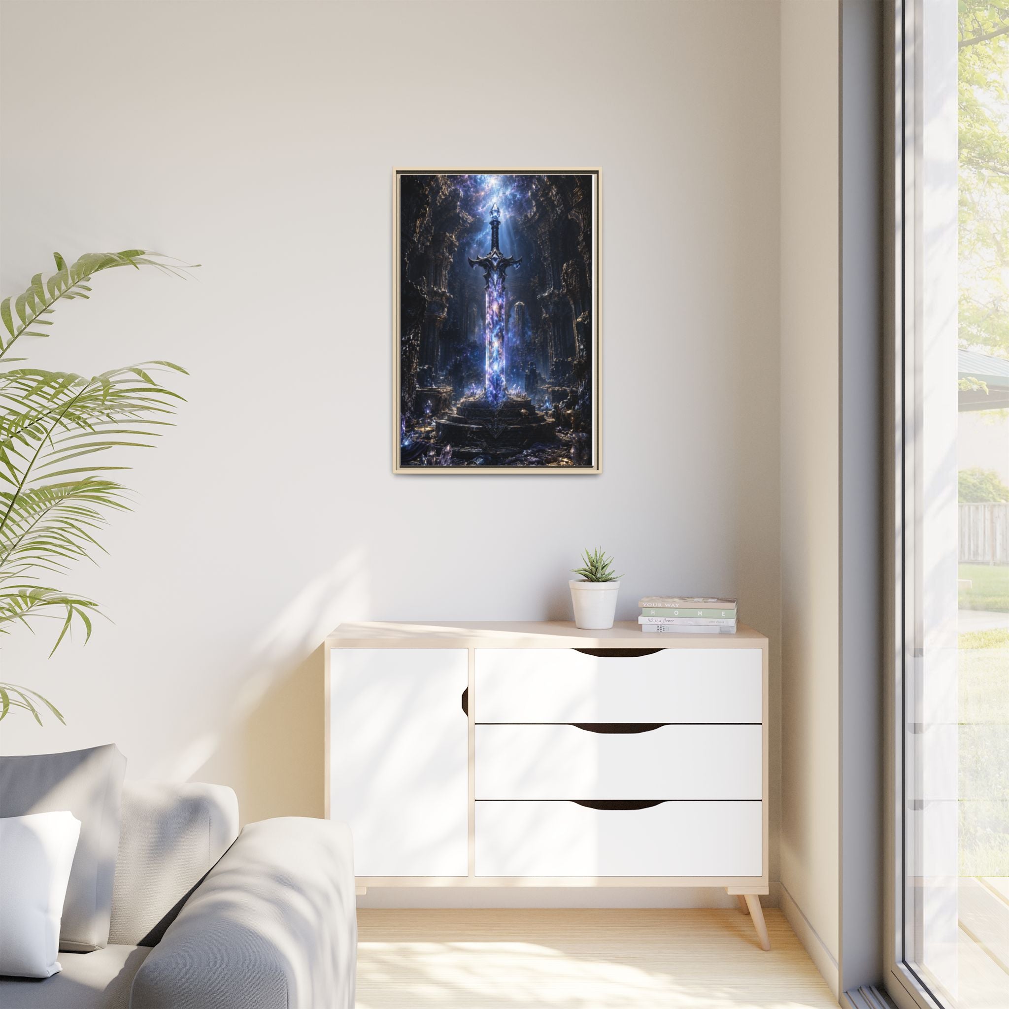 Framed Fantasy Sword Canvas — Mystical Glowing Blade Wall Art