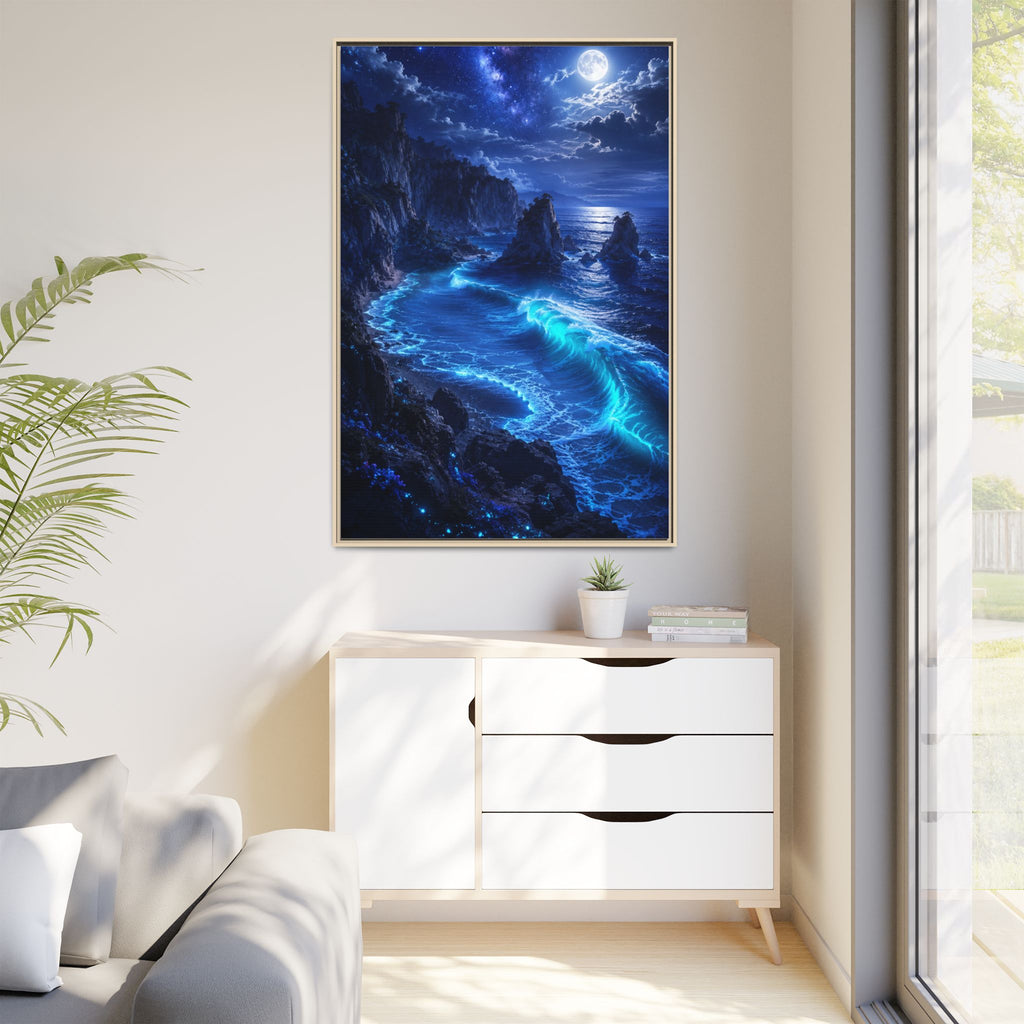 Framed Matte Canvas: Luminous Moonlit Ocean Art Print