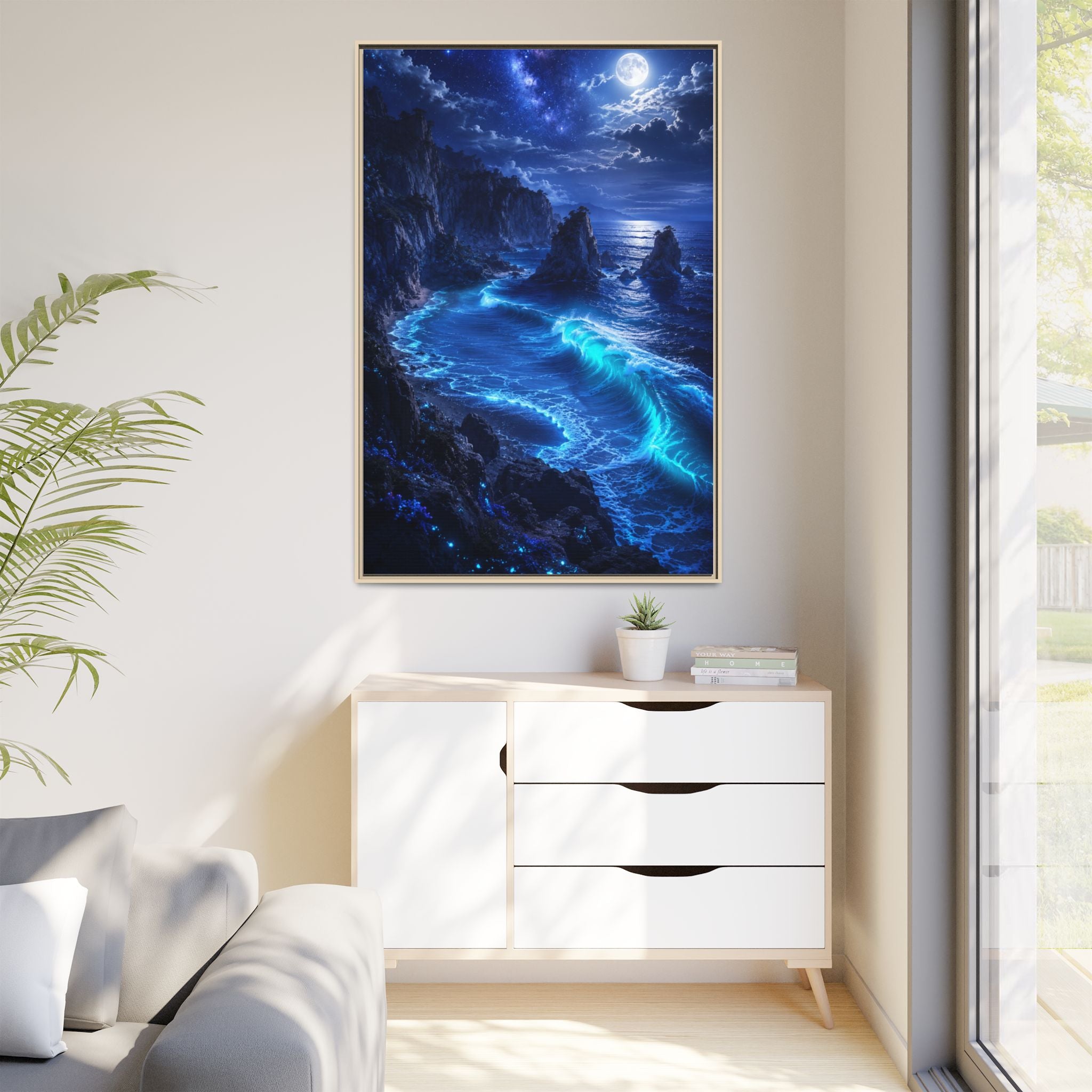 Framed Matte Canvas: Luminous Moonlit Ocean Art Print