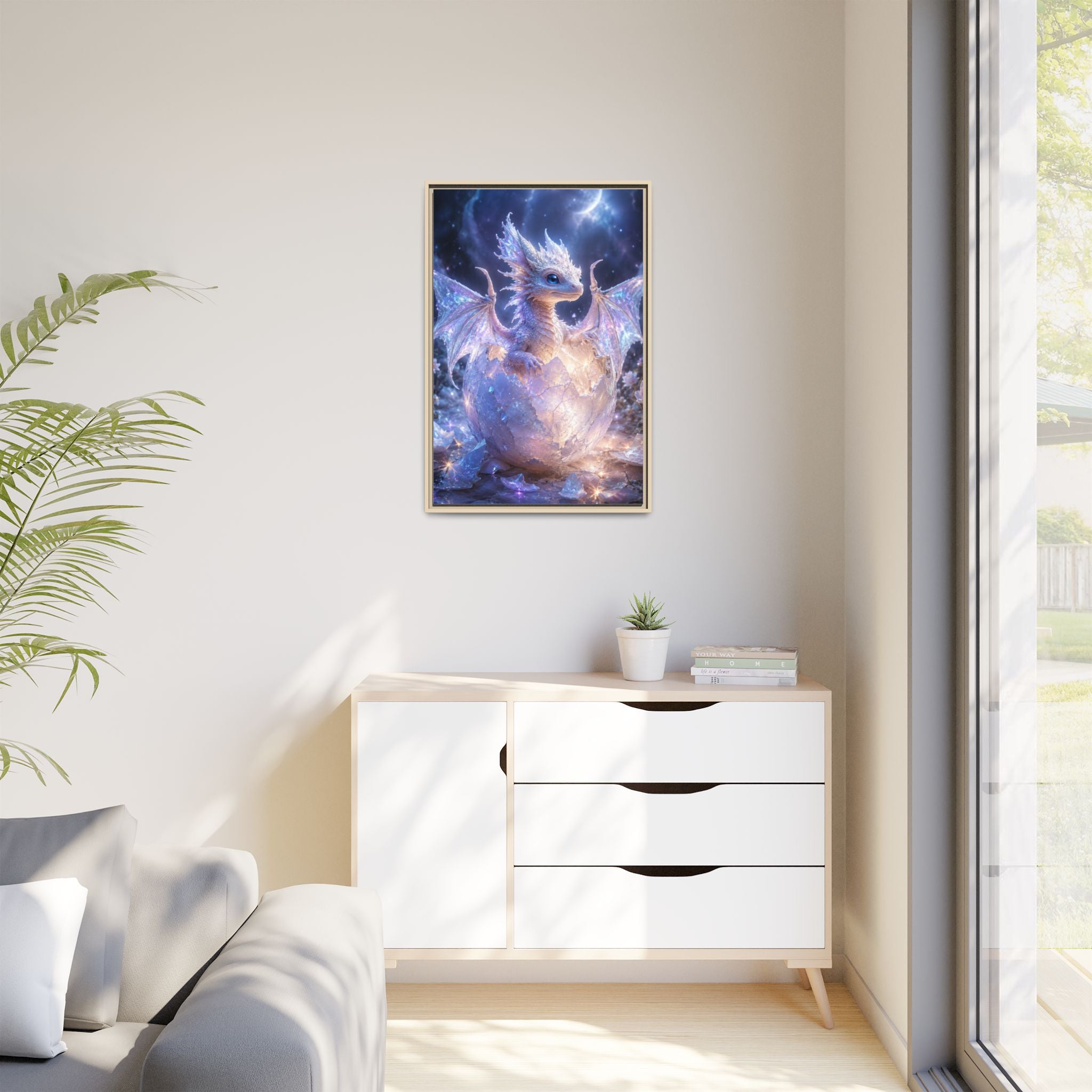 Framed Fantasy Dragon Canvas Print — Mystical Baby Dragon in Cracked Egg Wall Art