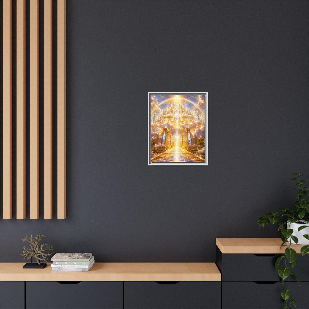 Heavenly Gateway Matte Framed Canvas — Golden Rainbow Spiritual Wall Art