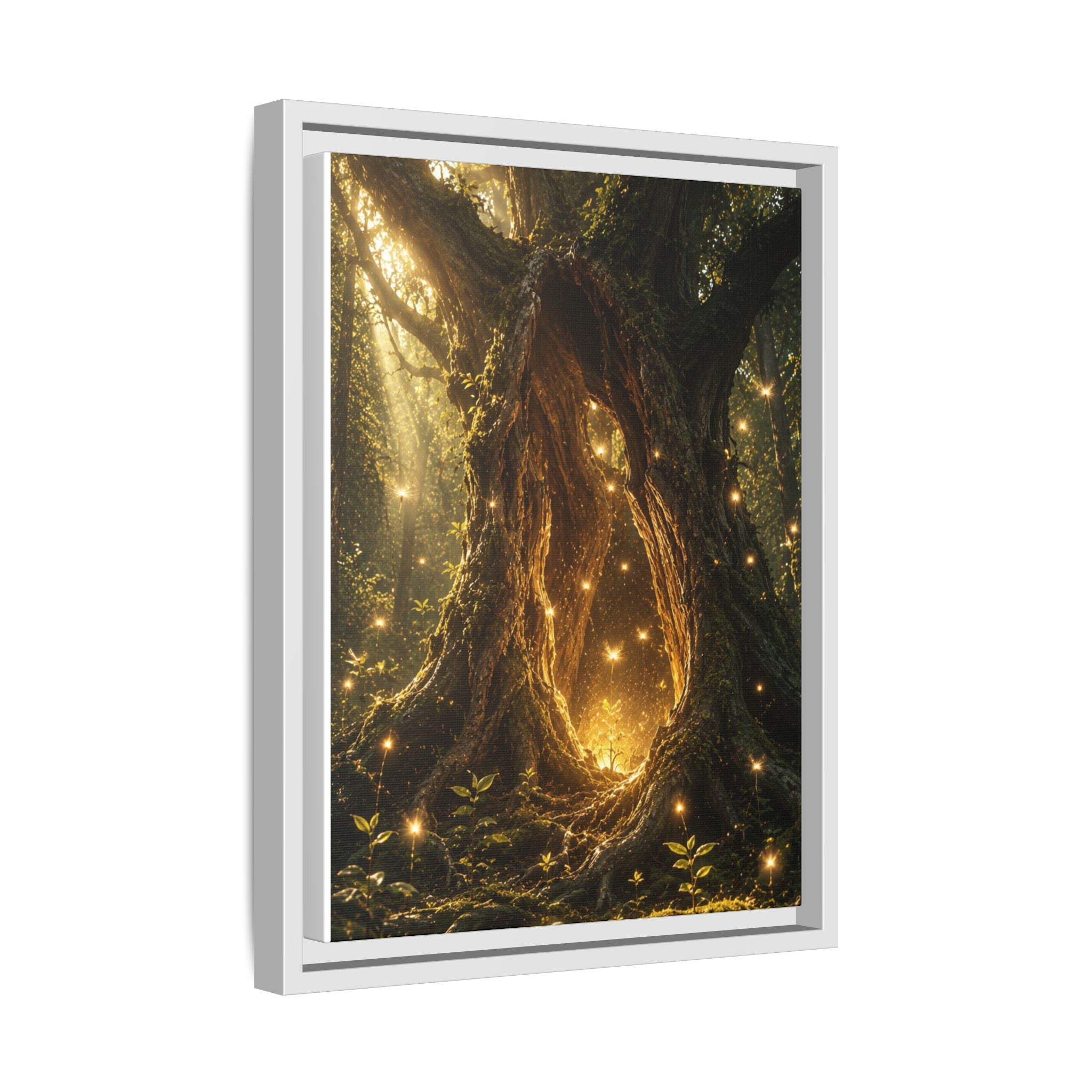Framed Canvas Art - Enchanted Forest Tree with Glowing Fireflies