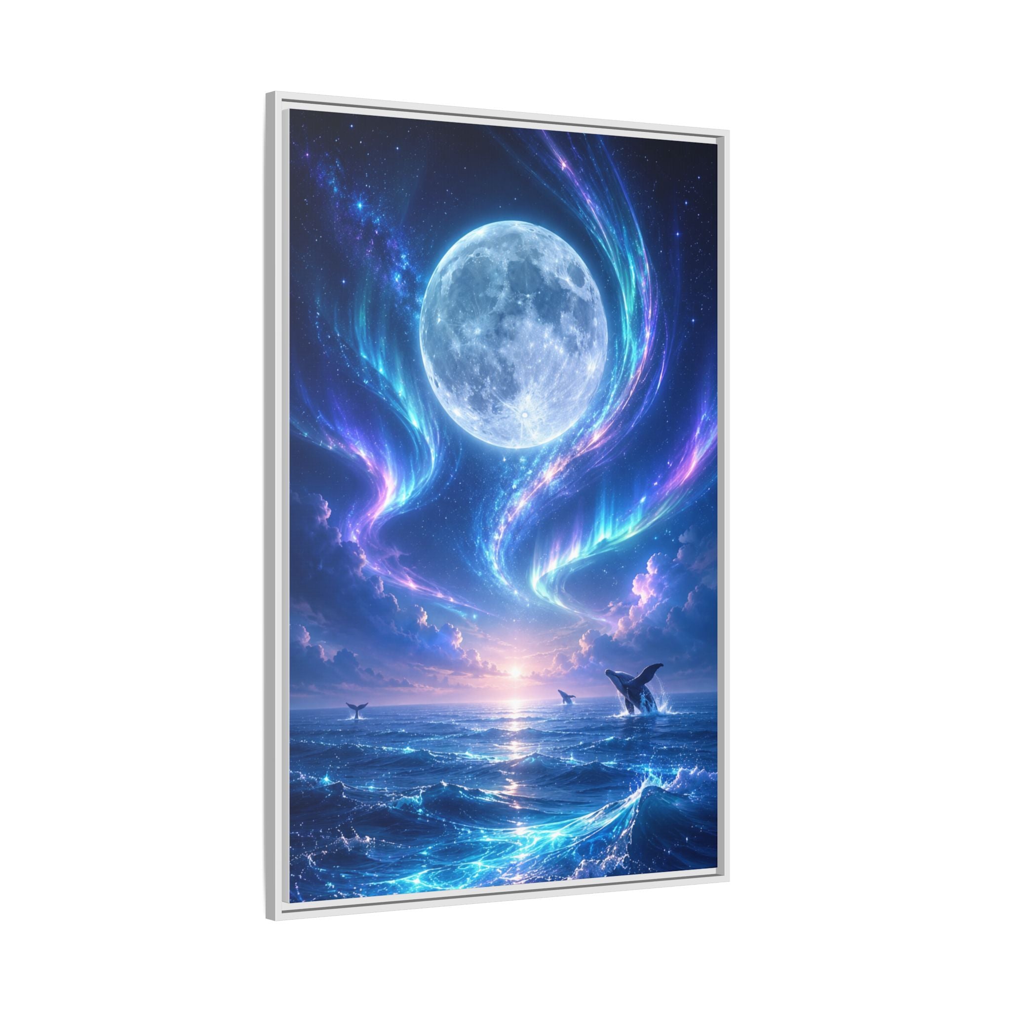 Framed Canvas Art - Lunar Aurora Ocean Scene