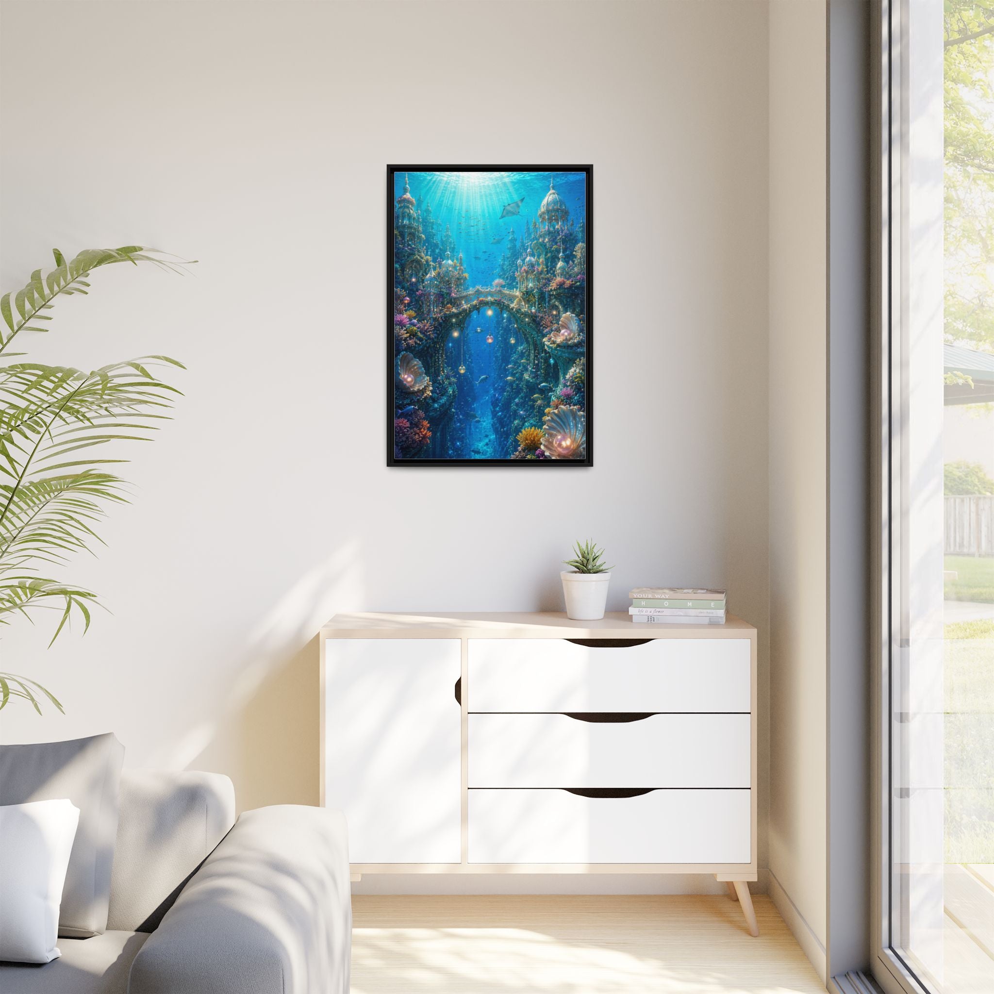 Underwater Fantasy Matte Canvas Framed Print — Ocean City Coral Reef Wall Art