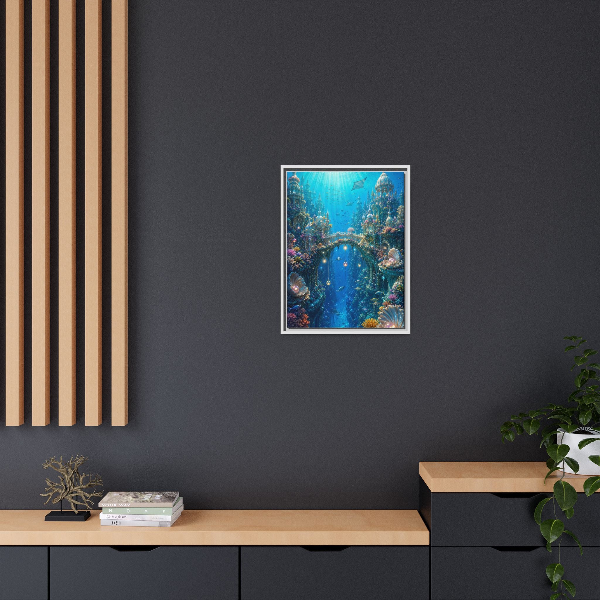 Underwater Fantasy Matte Canvas Framed Print — Ocean City Coral Reef Wall Art