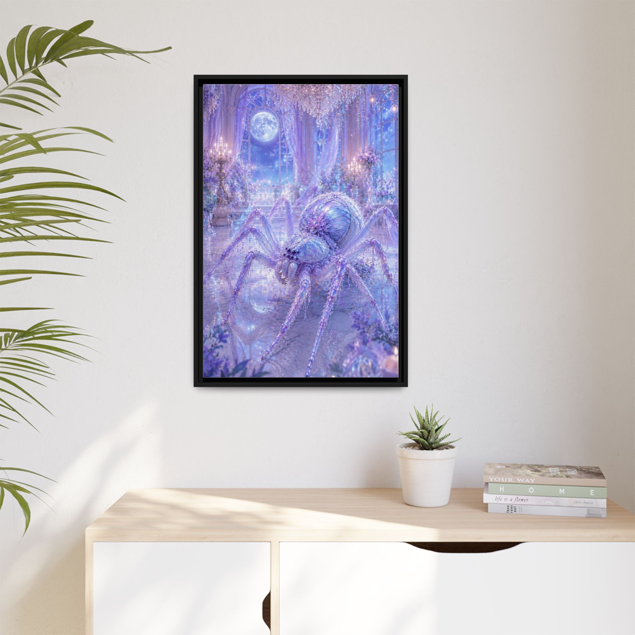 Moonlit Spider Fantasy Canvas Print — Lavender Enchanted Wall Art (Framed)