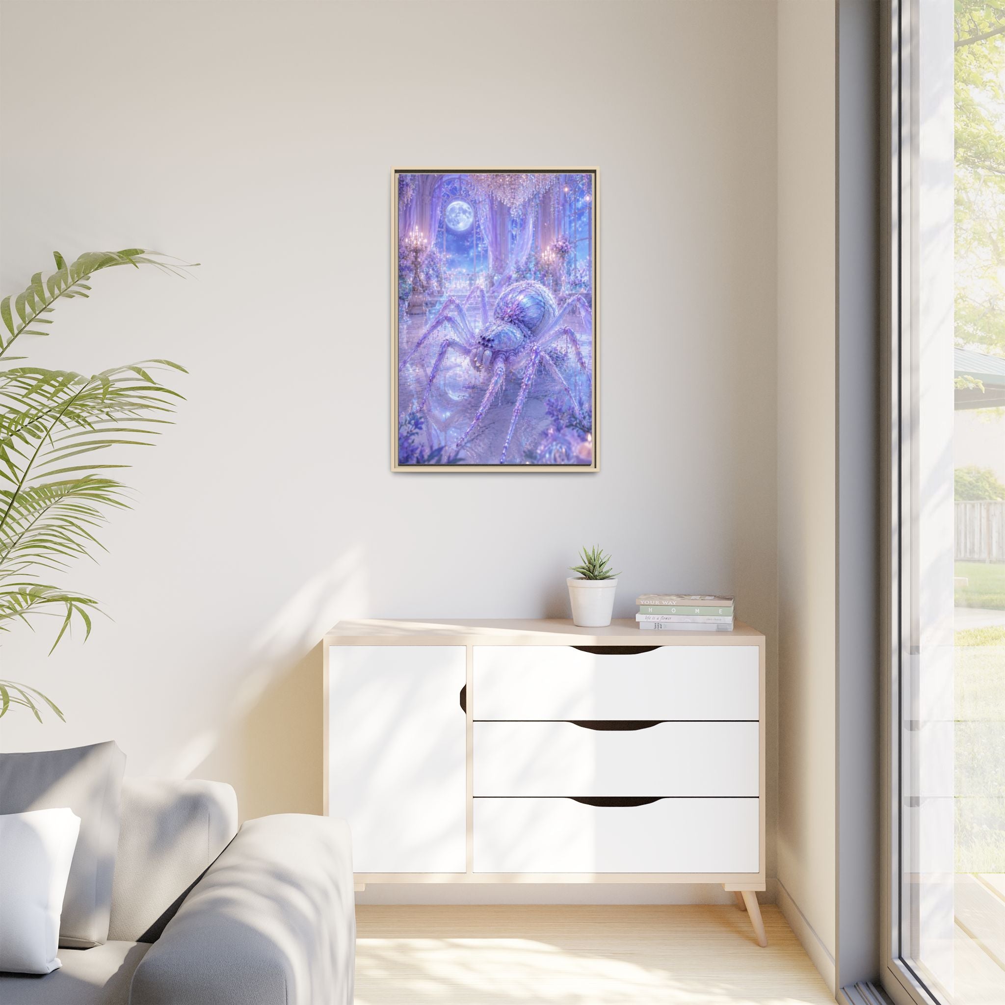 Moonlit Spider Fantasy Canvas Print — Lavender Enchanted Wall Art (Framed)