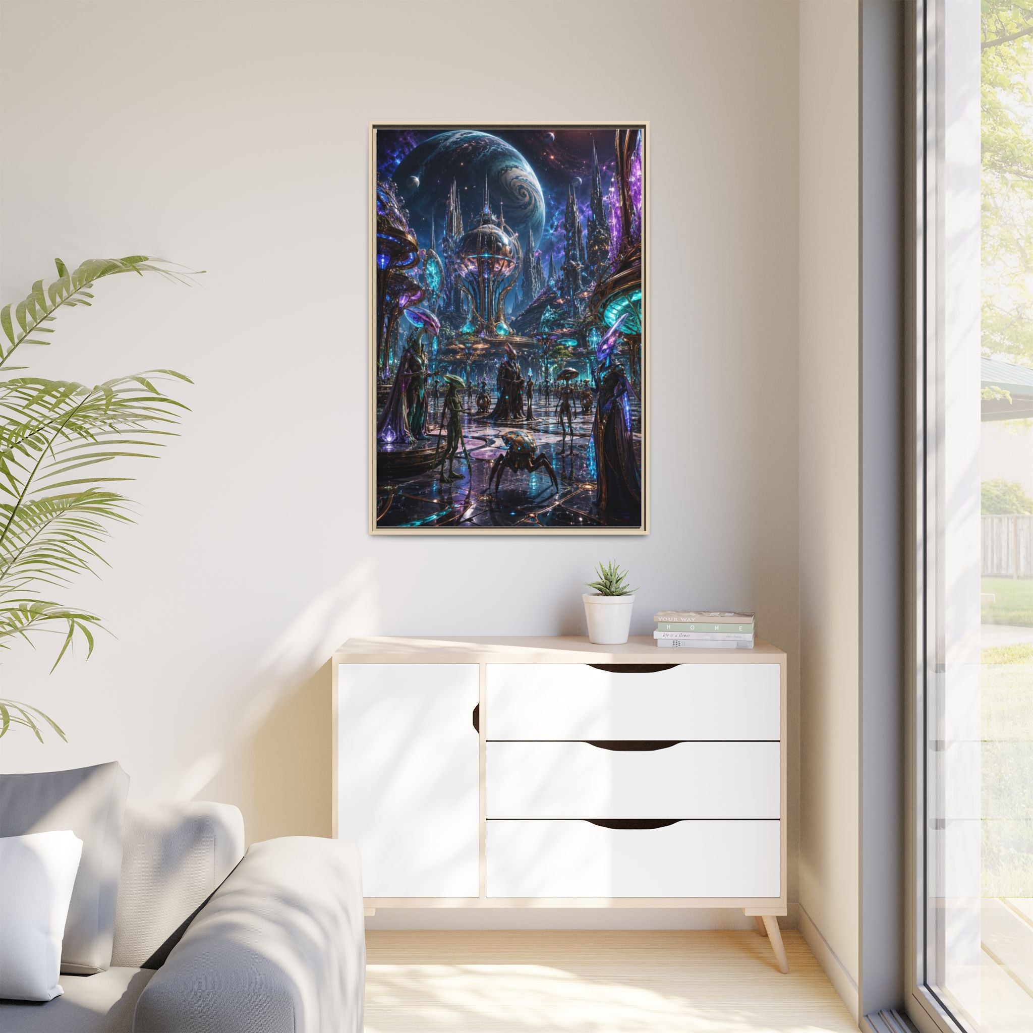Framed Matte Canvas - Neon Sci‑Fi Cityscape Wall Art