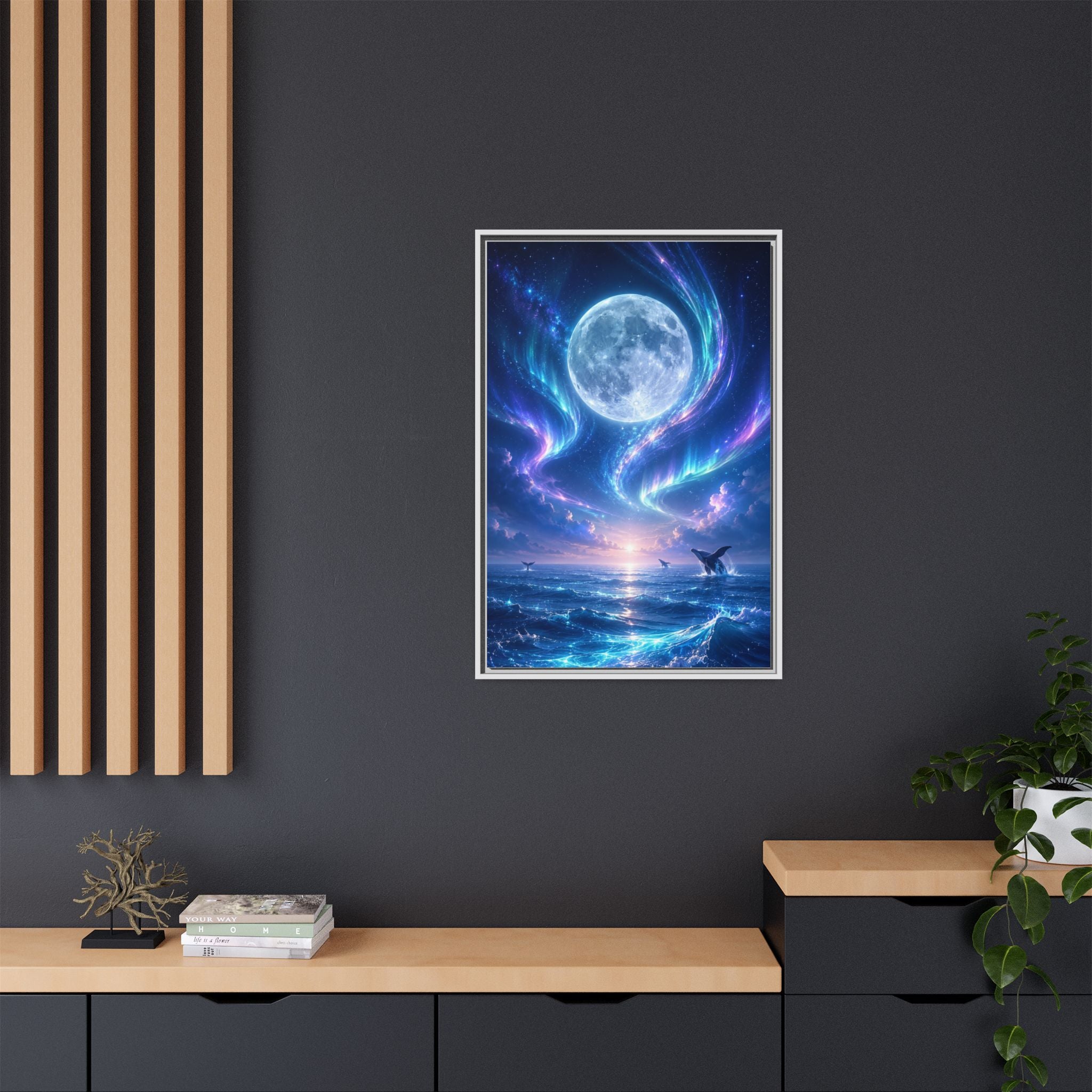 Framed Canvas Art - Lunar Aurora Ocean Scene