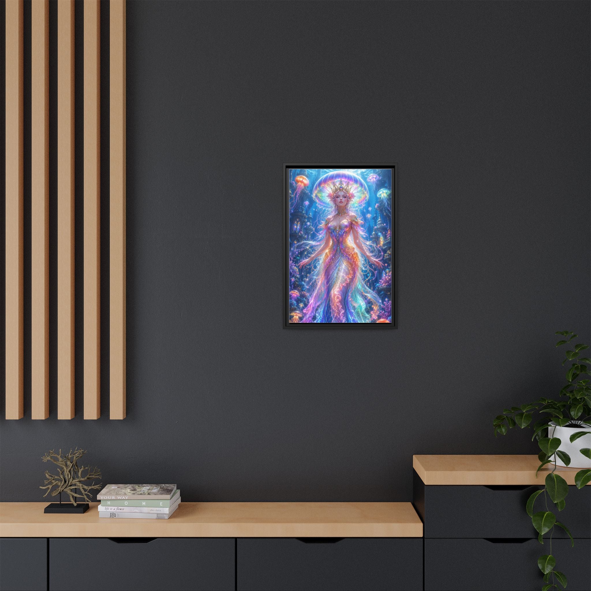 Jellyfish Queen Framed Canvas Art — Vibrant Mermaid Goddess Wall Print