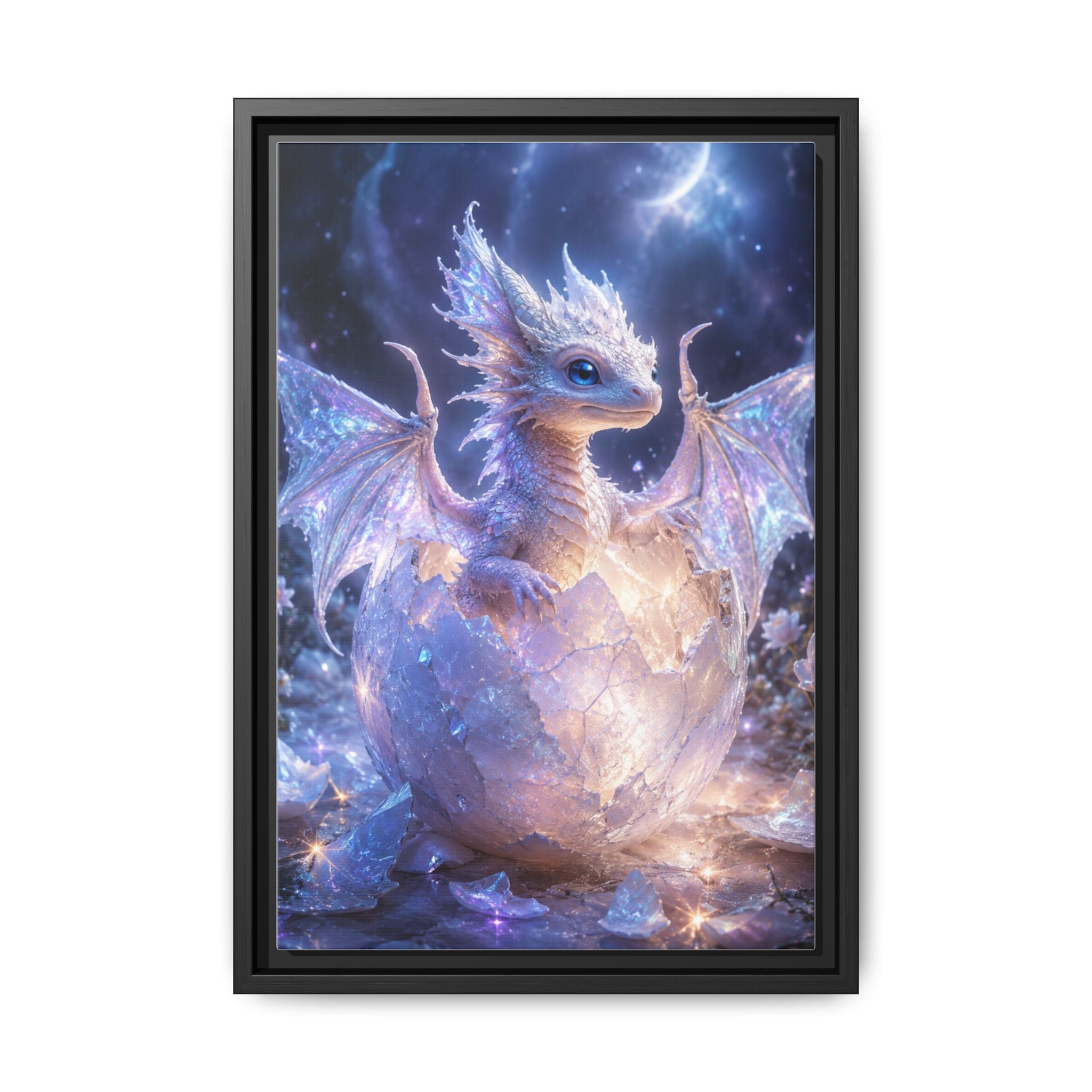 Framed Fantasy Dragon Canvas Print — Mystical Baby Dragon in Cracked Egg Wall Art