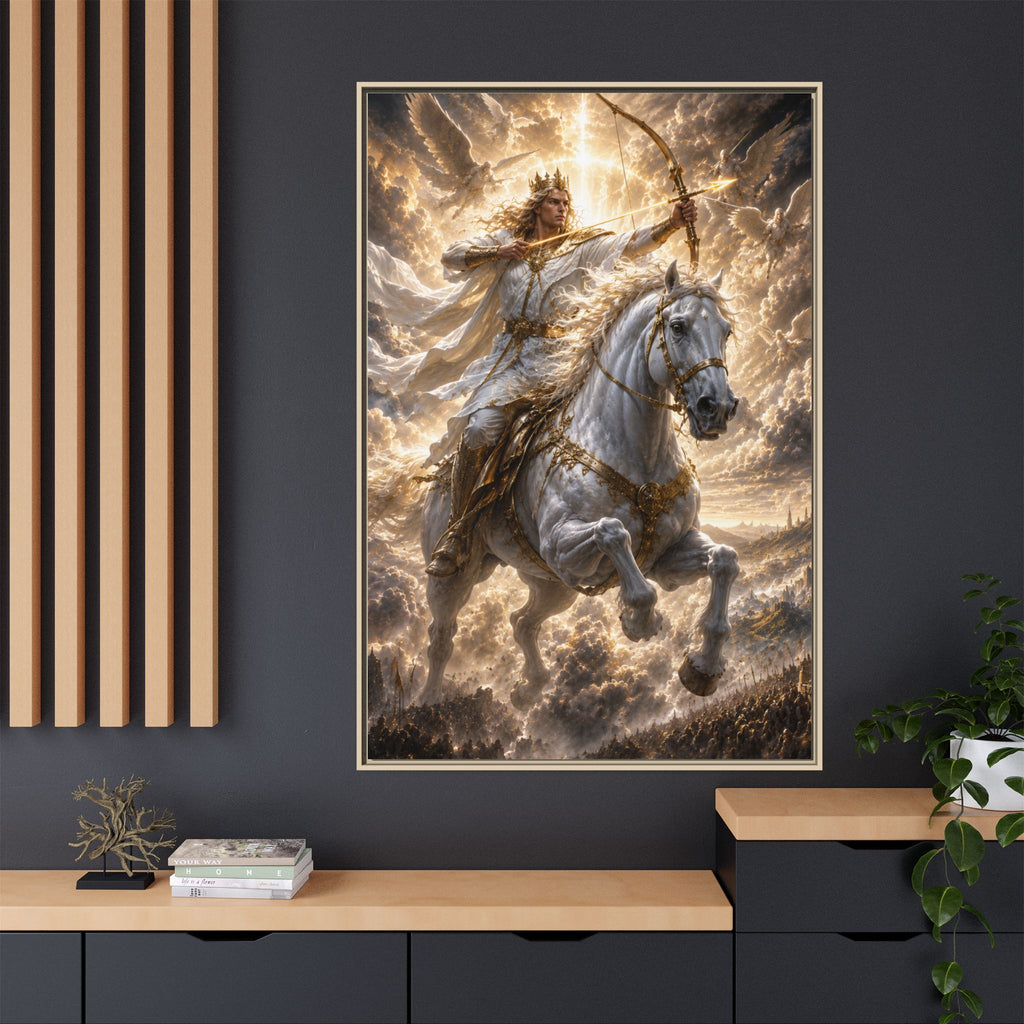 Mythic Warrior on White Steed — Framed Matte Canvas Wall Art