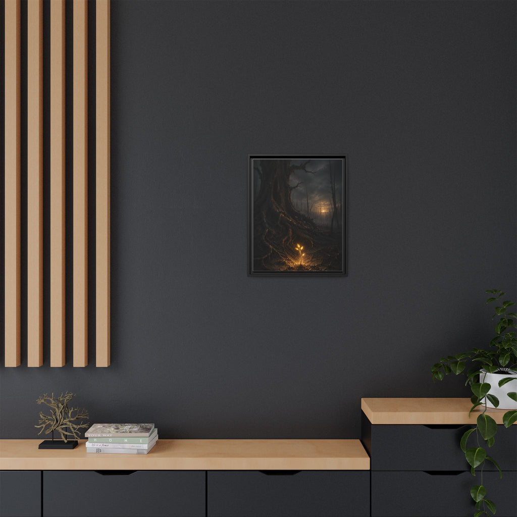 Framed Matte Canvas — Glow Sprout in Dark Forest (Ethereal Fantasy Wall Art)