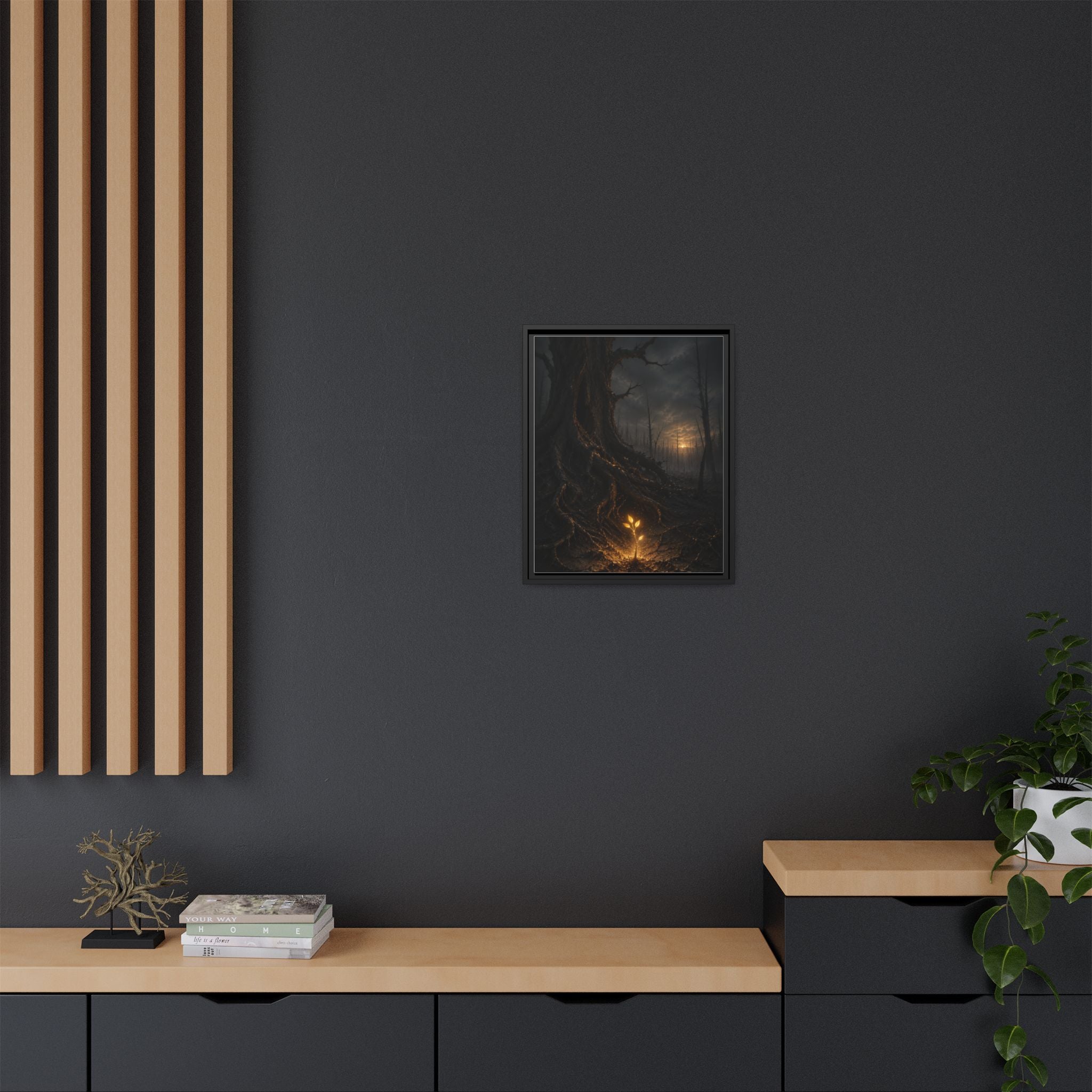 Framed Matte Canvas — Glow Sprout in Dark Forest (Ethereal Fantasy Wall Art)