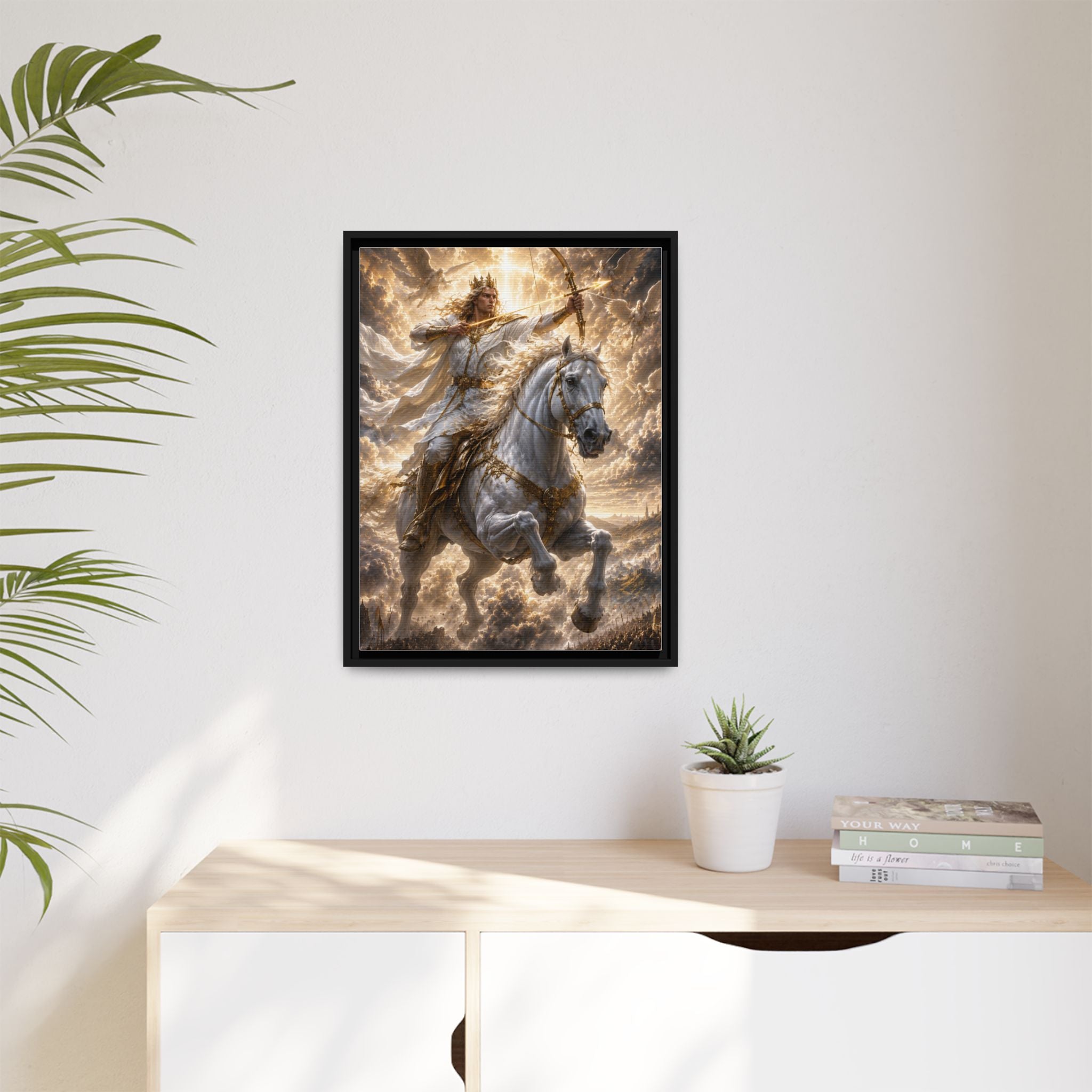 Mythic Warrior on White Steed — Framed Matte Canvas Wall Art