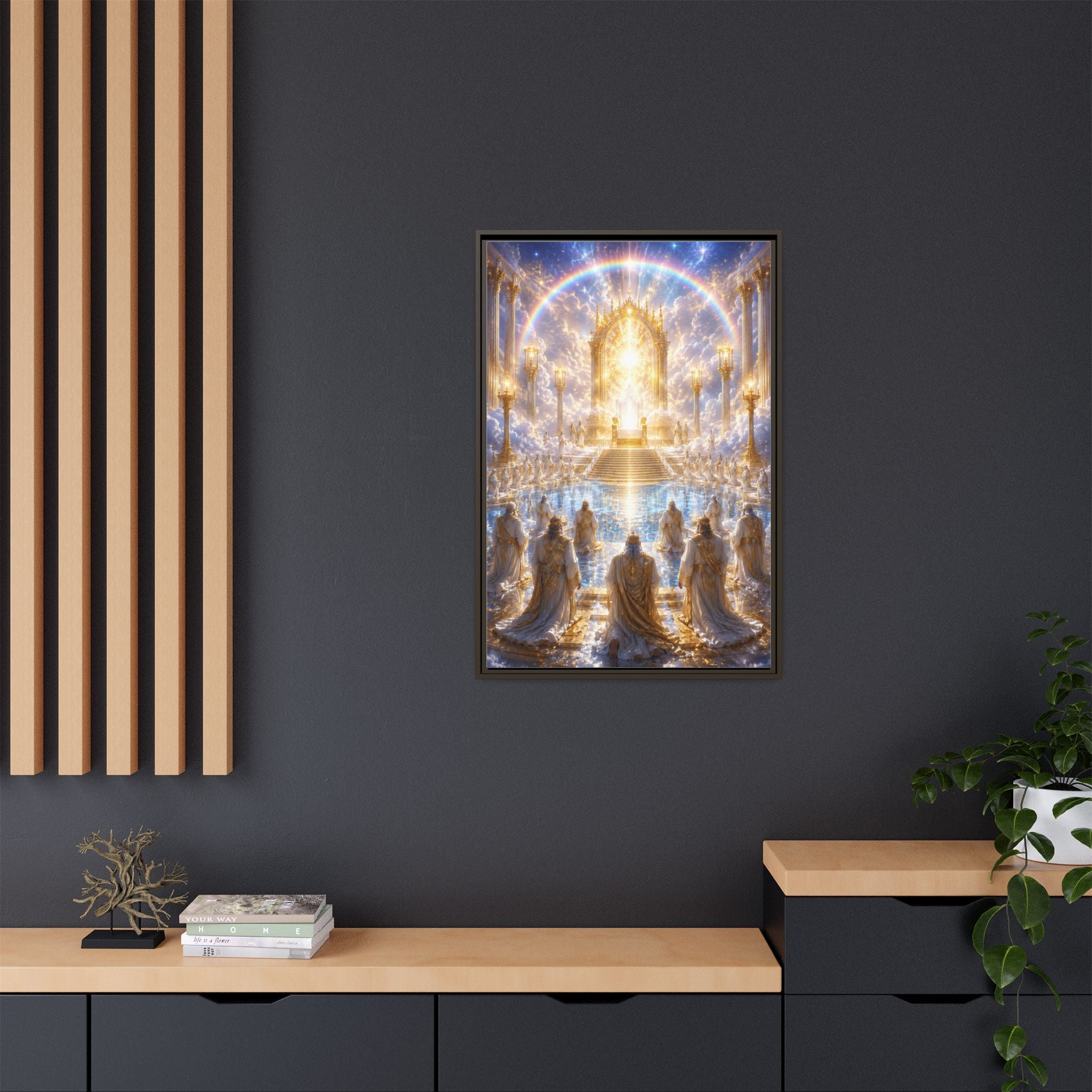 Heavenly Throne Room Matte Framed Canvas — Golden Angelic Realm Wall Art