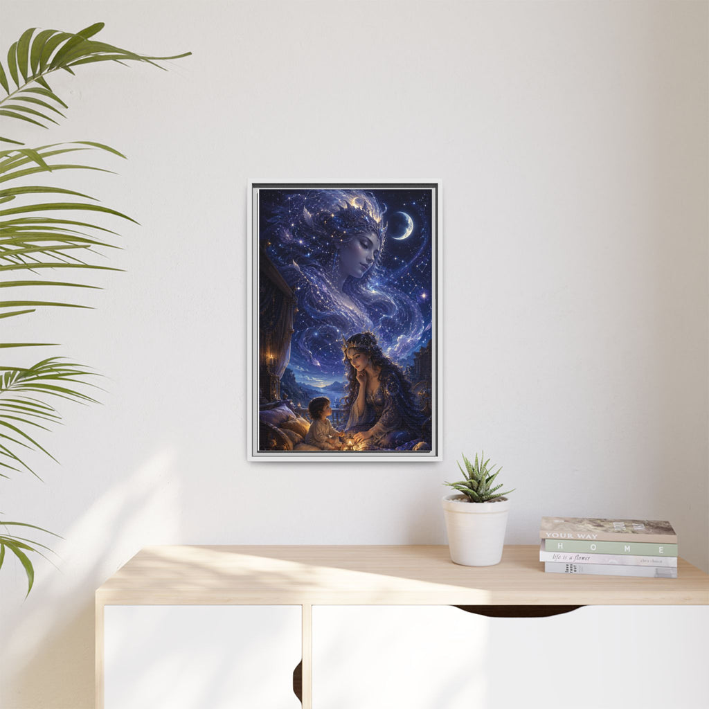 Framed Matte Canvas — Mystical Moon Mother & Child Nightscape Wall Art