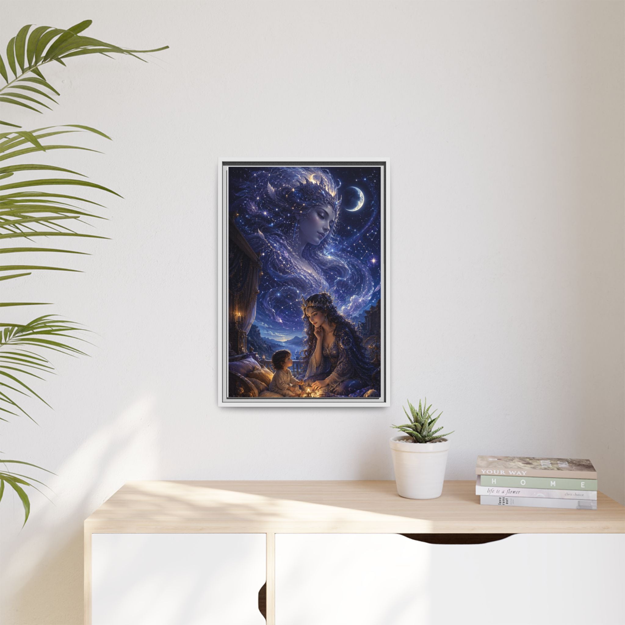Framed Matte Canvas — Mystical Moon Mother & Child Nightscape Wall Art